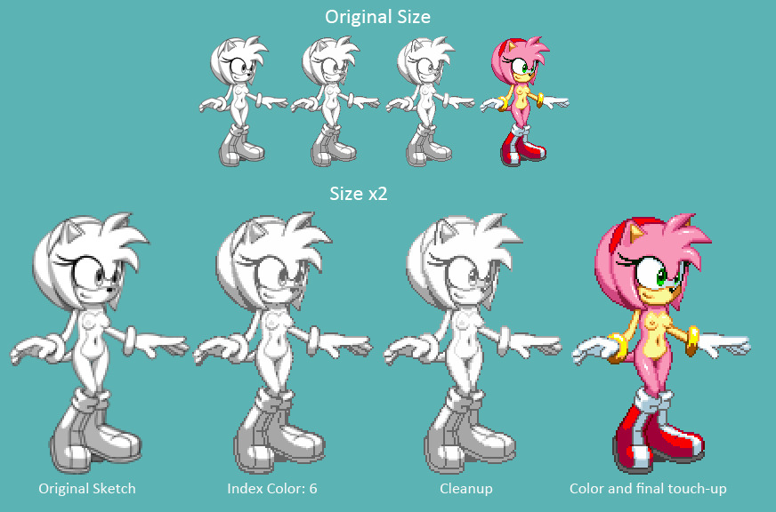 1girls amy_rose anthro boots bottomless bracelet breasts clothing comparison exposed_torso female female_only footwear full_color gloves green_eyes hairband handwear hecticarts humanoid legs mostly_nude navel nipples nude pink_fur pink_tail pixel_art pussy red_hairband sega shoes smile sonic_(series) tail topless vagina video_games wristwear