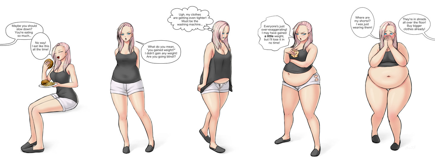 belly expansion, belly overhang, better with salt, big belly, blue eyes, blush, bottom heavy, chubby, chubby belly, chubby female, denial, dialogue, eating, embarrassed, english text, expansion, expansion sequence, fat, fat belly, fat female, fat thighs, female, holding burger, holding cookie, holding food, holding object, humiliation, monologue, muffin top, natalie (better with salt), obese, obese female, open mouth, outgrowing clothes, overweight, overweight female, pink hair, plump, ripped clothing, ripped pants, ripped shorts, shorts, simple background, speech bubble, text, thick thighs, thigh expansion, thought bubble, transformation, transformation sequence, unzipped pants, unzipped shorts, weight gain, weight gain denial, weight gain sequence, white background, white shorts