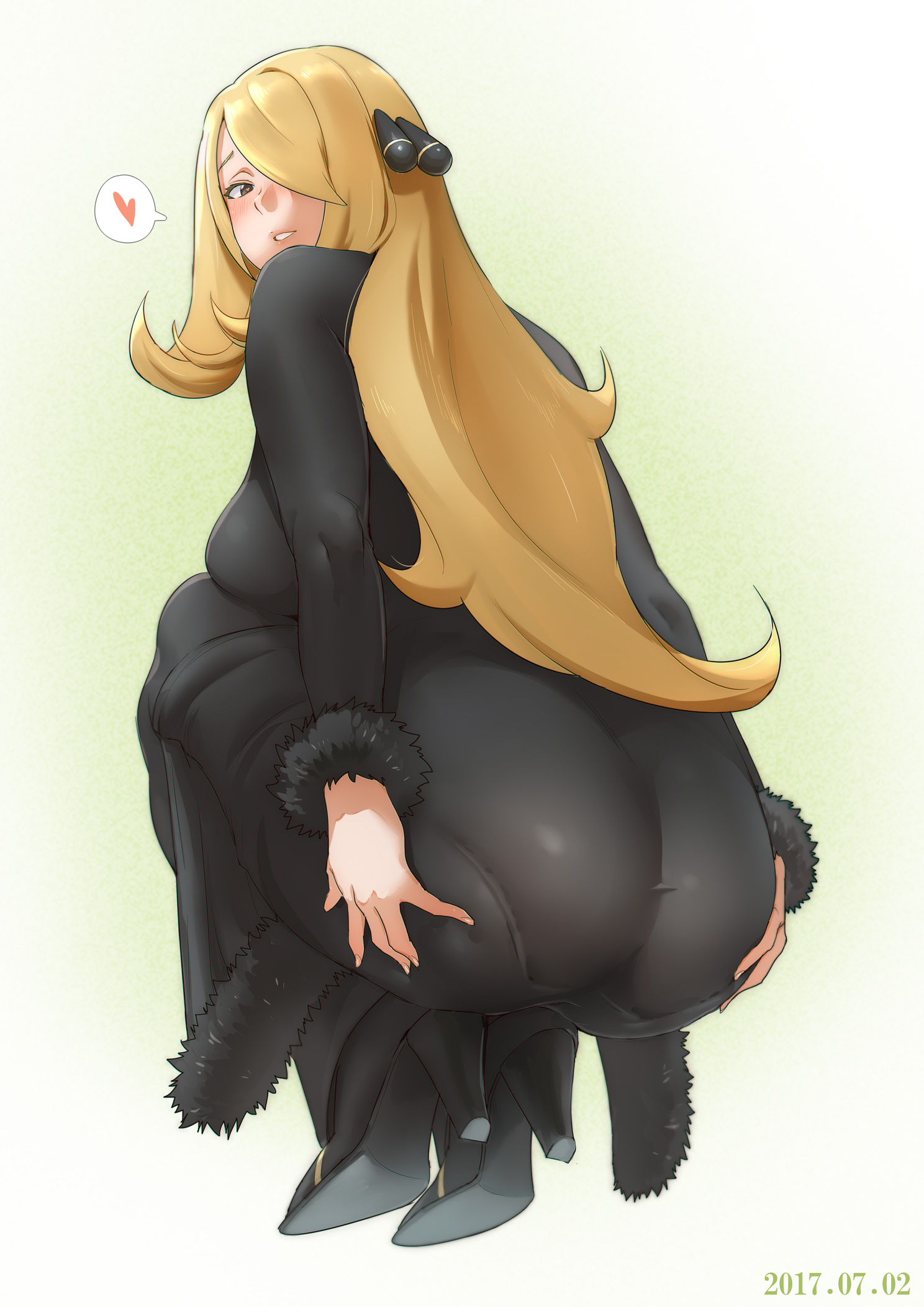 :d, 1girls, ass, ass grab, ass support, big ass, blonde hair, blush, breasts, cynthia (pokemon), dated, female, female only, fur trim, gradient, gradient background, hair ornament, hair over one eye, heart, heels, high heels, highres, huge ass, human, iku (ikuchan kaoru), large breasts, long hair, pantylines, pokemon, pokemon dppt, skin tight, smile, solo, squatting, text, tight pants, voluptuous