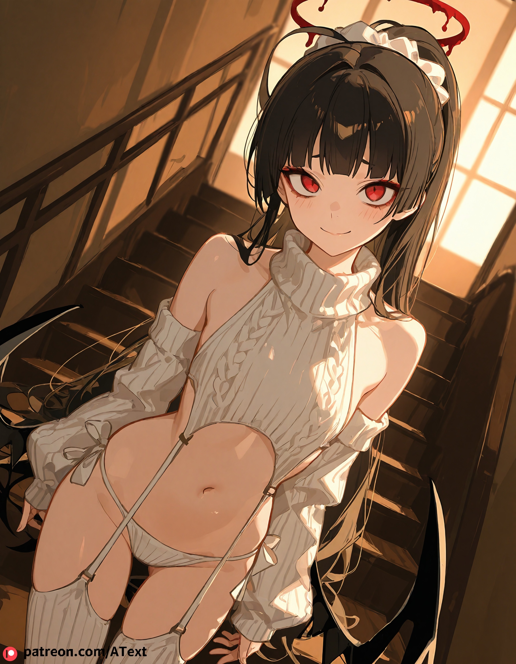 ai generated, black hair, blue archive, blush, female, flat chest, looking at viewer, navel, red eyes, smile, stairs, tsurugi (blue archive), virgin destroyer sweater