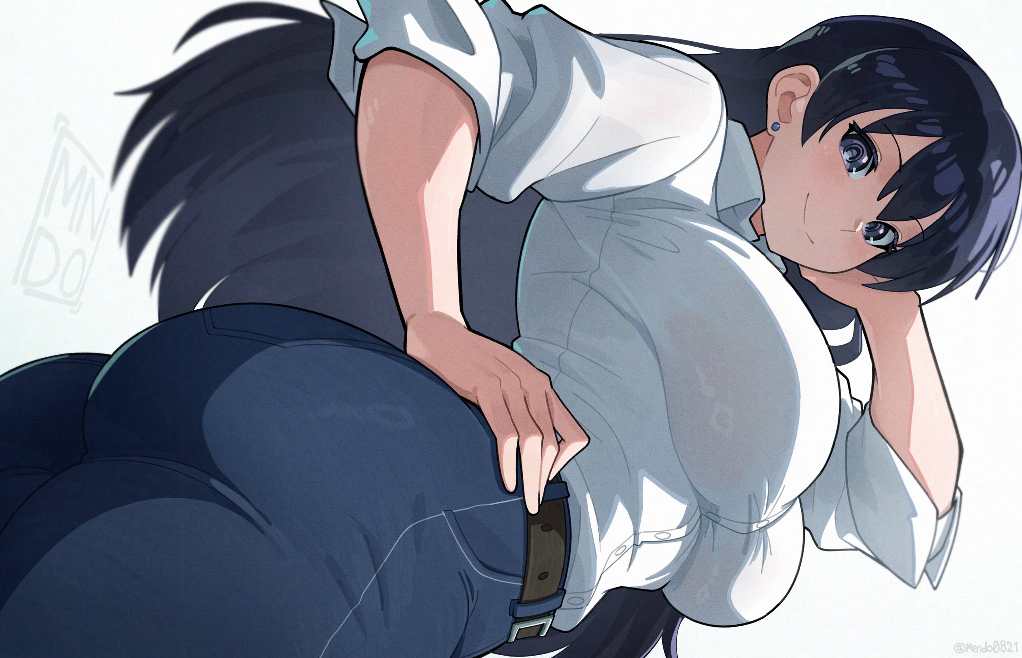 1girls, arato nagi, ass, belt, big ass, big breasts, black eyes, black hair, blue pants, breasts, collared shirt, denim, earrings, female, female only, from below, fully clothed, hand on own hip, highres, jeans, jewelry, large breasts, light skin, light-skinned female, long hair, looking at viewer, mendo0821, pants, ring light reflection, ruri no houseki, shirt, sleeves rolled up, smile, solo, thighs, white shirt