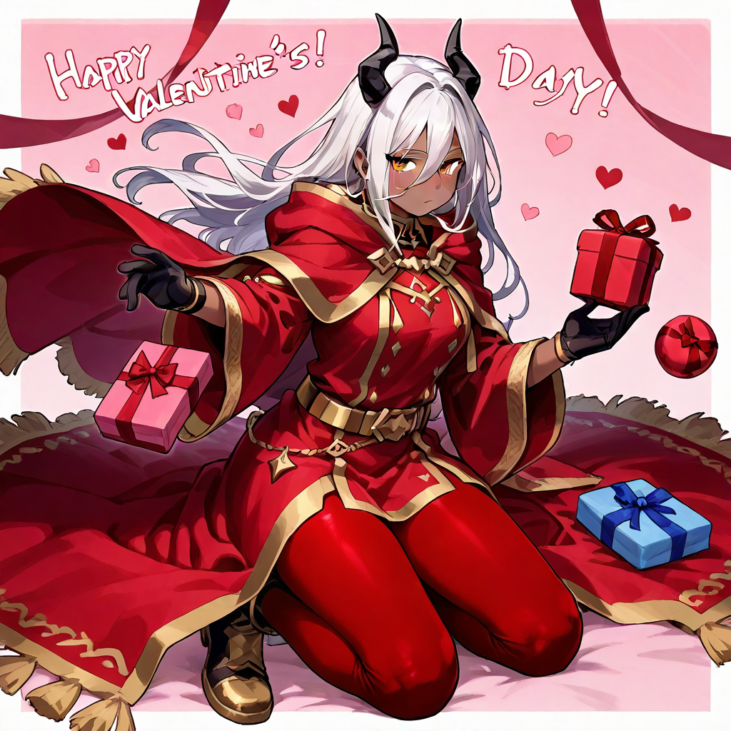 1girls ai_generated calamitas calamity_mod presents terraria valentines_day white_hair white_horn witch