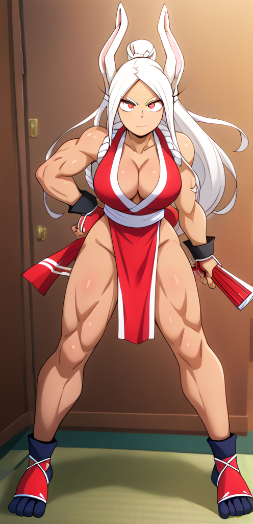 ai_generated cleavage cosplay fan king_of_fighters mai_shiranui mai_shiranui_(cosplay) miruko muscular muscular_female my_hero_academia pelvic_curtain rumi_usagiyama self_upload stable_diffusion tabi tan_body white_hair