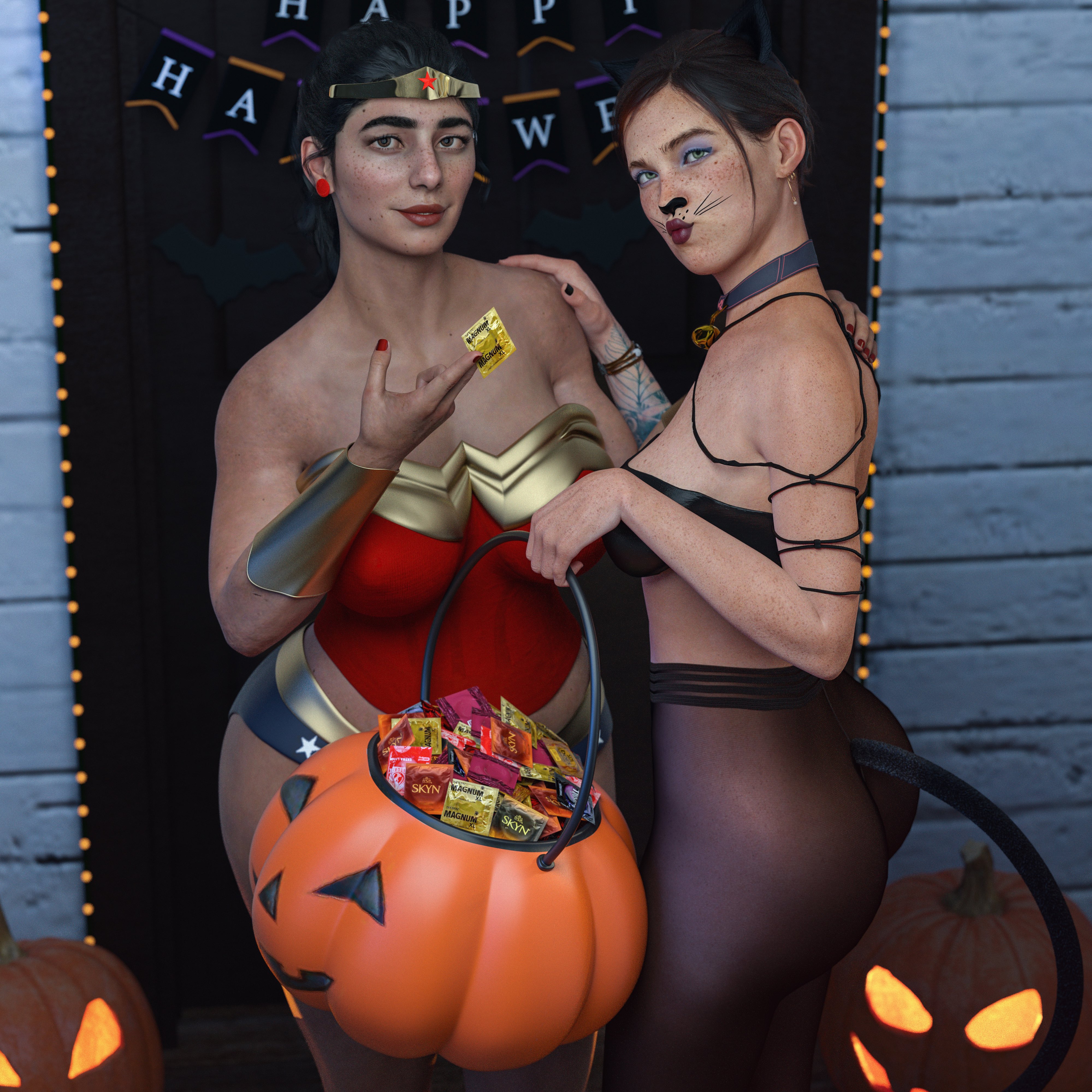 1:1, 2girls, 3d, 3d (artwork), 3d model, 3d render, 3dcg, 3dx, 4tease7en, agent 4 tea se7en, ass, big ass, big breasts, black hair, black leggings, breasts, brown hair, cat , cat collar, cat costume, cat ears, cat tail, condom, condom wrapper, cosplay, dc, dc comics, dina (the last of us), ellie (the last of us), ellie williams, fair skin, fair-skinned female, female, female focus, female only, halloween, halloween costume, halloween pumpkin, halloween theme, holding container, horny, horny female, large ass, leggings, legwear, light skin, light-skinned female, middle eastern, multiple females, multiple girls, pale skin, pale-skinned female, panties, ponytail, see-through, see-through clothes, see-through clothing, self upload, sheer, sheer clothing, sheer legwear, short hair, skintight, skintight clothes, skintight clothing, skintight leggings, suggestive, suggestive gesture, suggestive look, suggestive pose, the last of us, the last of us 2, video game character, video game franchise, wonder woman, wonder woman (cosplay), wonder woman (series), yoga pants