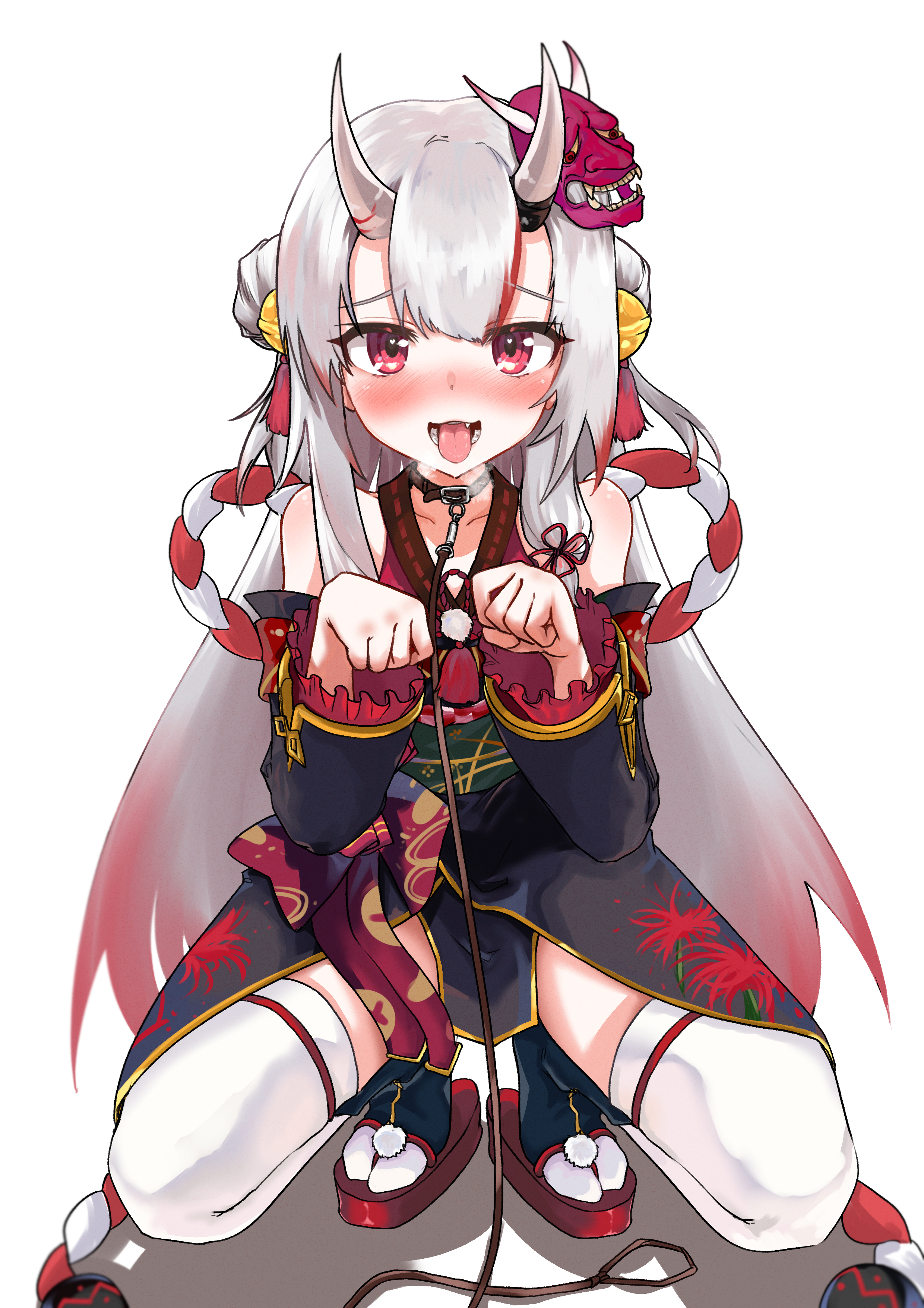 breasts, dog collar, female, hololive, hololive gen 2, hololive japan, horn, leash, multicolored hair, nakiri ayame, oni, oni horns, panting, petplay, red eyes, small breasts, tongue, tongue out, virtual youtuber, white hair