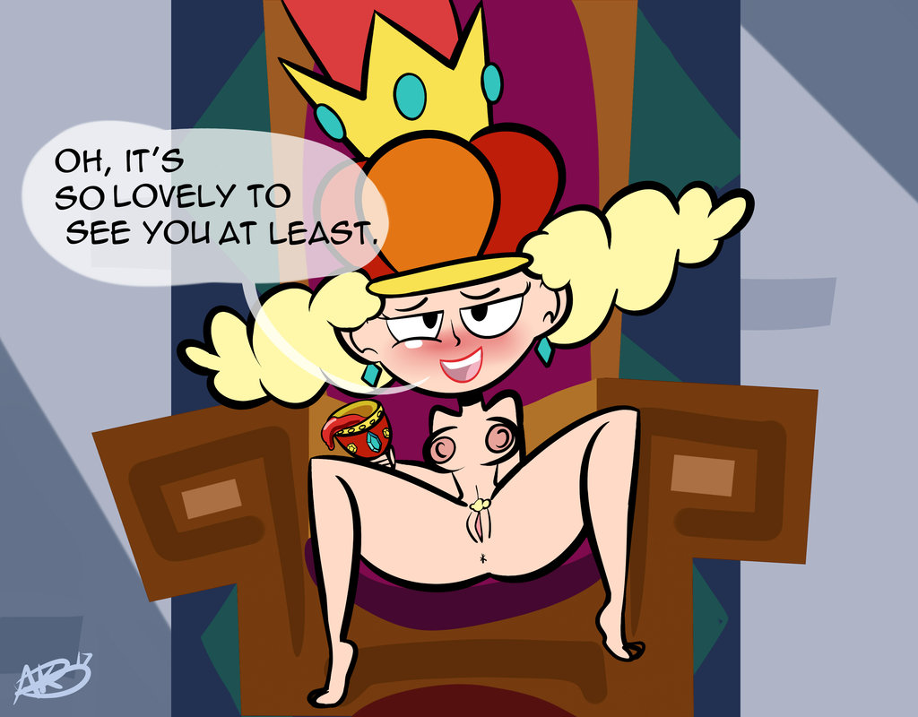 atomickingboo blonde_hair crown disney disney_xd drunk earrings english_text female nipples nude pubic_hair queen_delightful solo the_7d throne wine