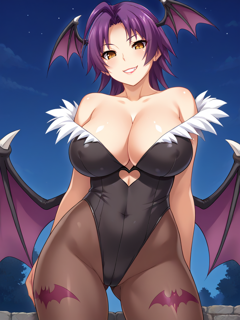 ahoge ai_generated ass azuma_marina bare_shoulders big_ass big_breasts black_leotard breasts cleavage cosplay darkstalkers demon_girl female grin head_wings huge_ass huge_breasts isogil kashidashi_tsuma_marina_no_"netorase"_houkoku_binkan_tsuma_to_zetsurin_daigakusei leotard morrigan_aensland_(cosplay) print_pantyhose print_thighhighs purple_hair seductive seductive_look seductive_smile short_hair smile solo succubus thighhighs thighs tights wings