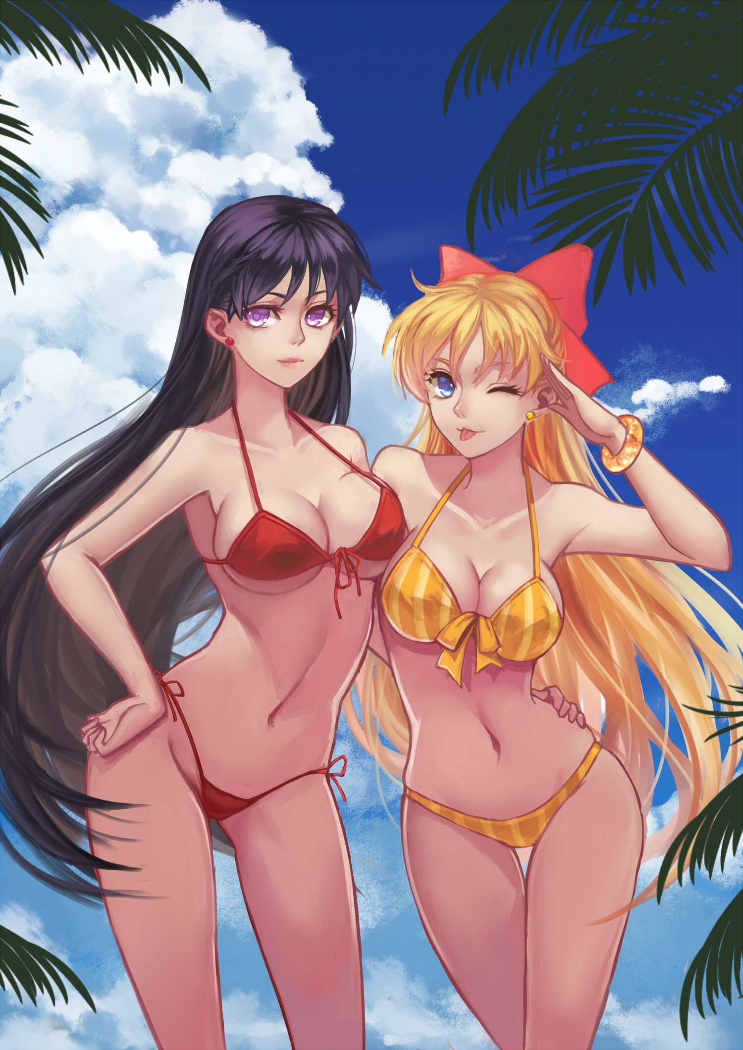2girls, bikini, bishoujo senshi sailor moon, black hair, blonde hair, blue eyes, bow, breast press, breasts, cleavage, douyougen, earrings, female, female only, highres, large breasts, legs, long hair, looking at viewer, medium breasts, midriff, minako aino, navel, one eye closed, outside, purple eyes, rei hino, smile, swimsuit, tongue, tongue out, wink