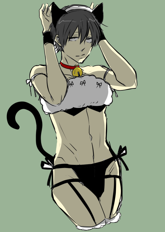 alternate_costume bare_midriff bell_collar black_hair black_panties cat_ears cat_tail catboy choker collar cowboy_shot crossdressing femboy garter_belt garter_straps gintama lingerie maid_headdress male male_only panties side-tie_panties solo stockings wrist_cuffs yamazaki_sagaru