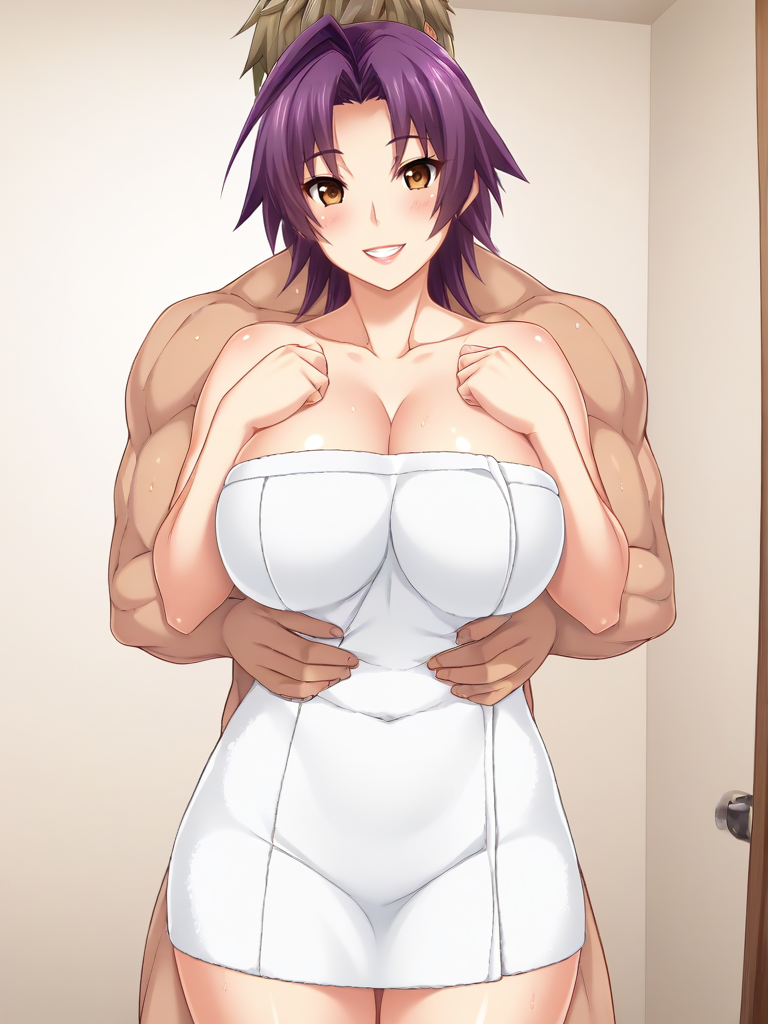 1boy 1boy1girl abs ahoge ai_generated ass azuma_marina bare_shoulders biceps big_ass big_breasts breasts brown_hair cleavage couple embrace female grin hug hug_from_behind huge_ass huge_breasts isogil kashidashi_tsuma_marina_no_"netorase"_houkoku_binkan_tsuma_to_zetsurin_daigakusei muscles muscular_male nude nude_male pecs purple_hair romantic short_hair smile thighs towel