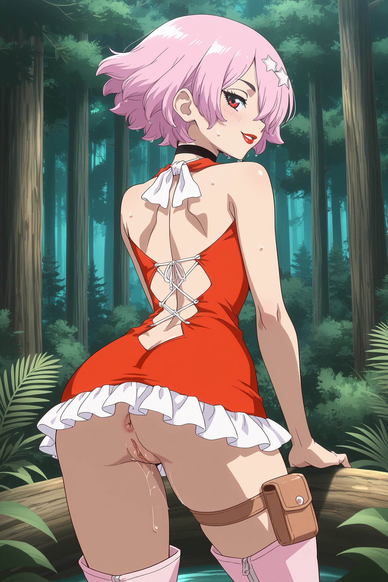 1girls, ai generated, ass, ass focus, breasts, dr.stone, enormous ass, female, large ass, lipstick, luna wright, medium breasts, medium hair, metalchromex, outdoors, pink hair, pussy, red lipstick, vagina, without panties