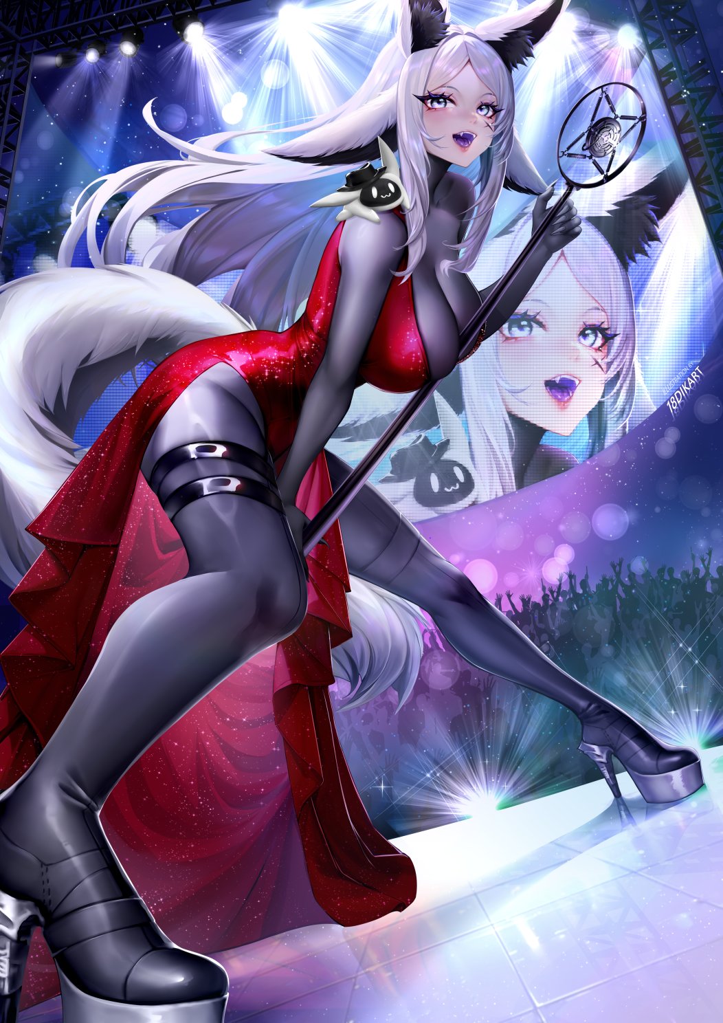 animal_ears bangs black_footwear black_legwear blue_eyes blush bodysuit boots breasts cleavage coat concert dya_rikku_(vtuber) elbow_gloves fangs female fox_girl gloves high_heel_boots high_heels holding large_breasts long_hair looking_at_viewer night open_mouth purple_eyes saliva silver_hair solo stage tail thigh_boots thigh_strap thighhighs tongue tongue_out very_long_hair vyugen white_hair