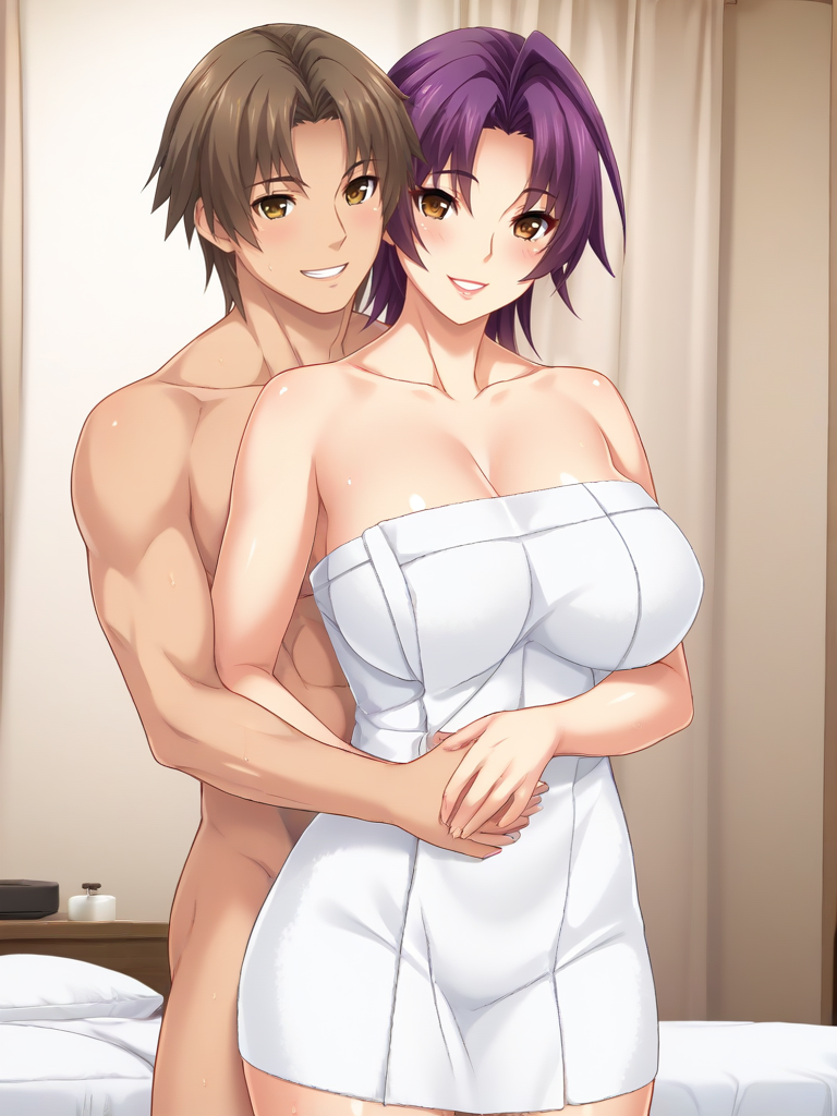 1boy 1boy1girl abs ahoge ai_generated ass azuma_marina bare_shoulders biceps big_ass big_breasts breasts brown_hair cleavage couple embrace female grin hug hug_from_behind huge_ass huge_breasts isogil kashidashi_tsuma_marina_no_"netorase"_houkoku_binkan_tsuma_to_zetsurin_daigakusei muscles muscular_male nude nude_male pecs purple_hair romantic short_hair smile thighs towel