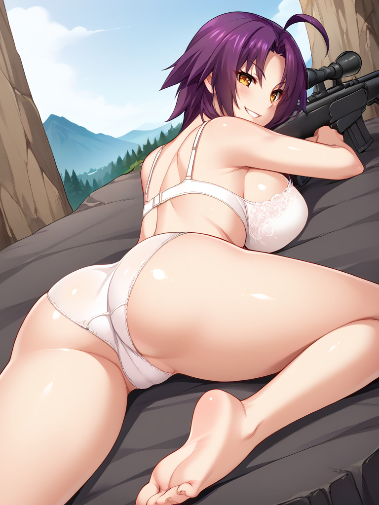 ahoge ai_generated ass azuma_marina bare_shoulders big_ass big_breasts breasts cleavage cliff female grin huge_ass huge_breasts isogil kashidashi_tsuma_marina_no_"netorase"_houkoku_binkan_tsuma_to_zetsurin_daigakusei lying_down lying_on_stomach mountain purple_hair seductive seductive_eyes seductive_look seductive_smile sexy_pose shiny_skin short_hair smile sniper sniper_rifle stretching thick_thighs thighs white_bra white_panties white_underwear