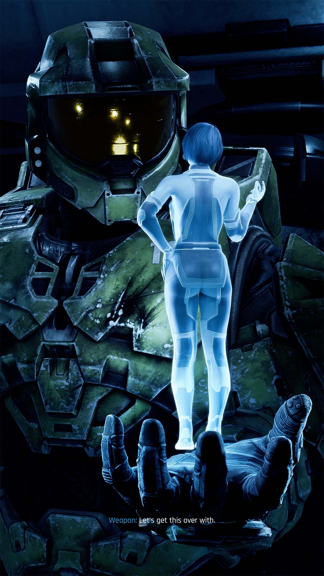 3d blender_(software) blue_body blue_hair blue_skin bob_cut breasts dialogue feet halo_(series) hands_behind_back master_chief nipples_visible_through_clothing pussy sci-fi science_fiction size_difference text the_weapon_(halo_infinite) thiccboysteven toes visible_nipples visible_pussy