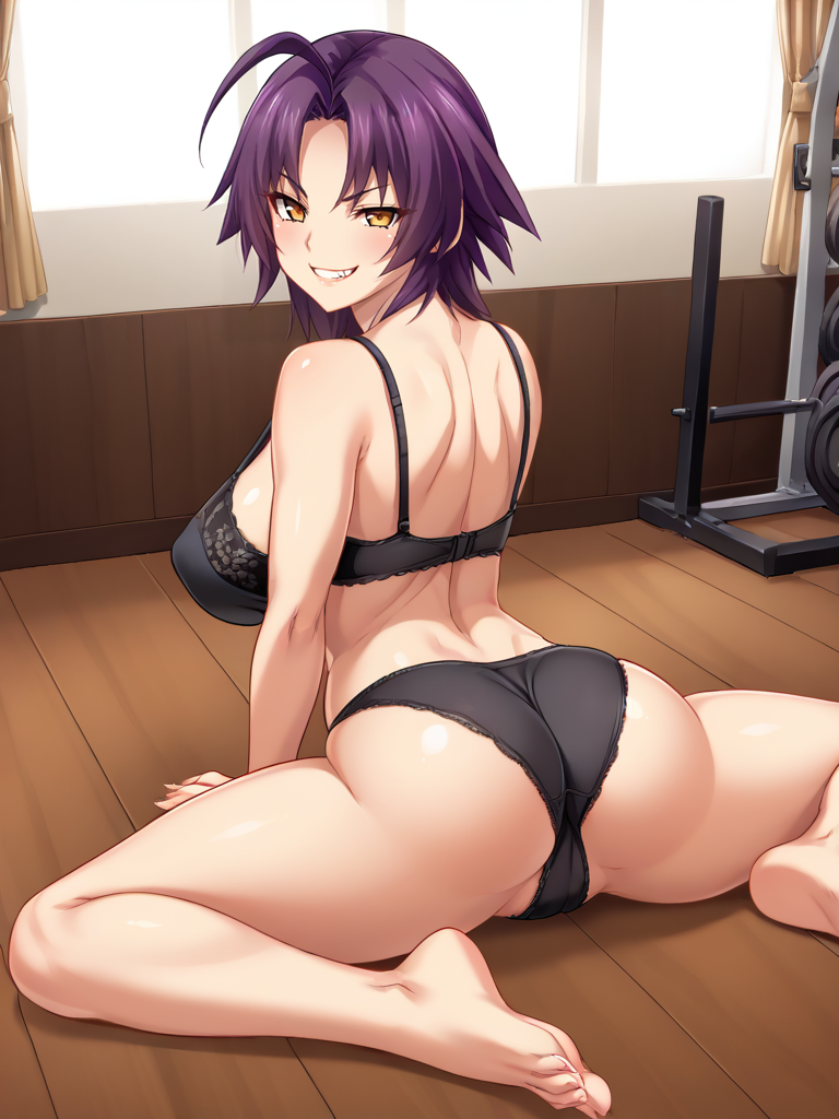 ahoge ai_generated ass azuma_marina bare_shoulders big_ass big_breasts black_bra black_panties black_underwear breasts cleavage female gym huge_ass huge_breasts isogil kashidashi_tsuma_marina_no_"netorase"_houkoku_binkan_tsuma_to_zetsurin_daigakusei purple_hair seductive seductive_eyes seductive_look seductive_smile sexy_pose shiny_skin short_hair smile splits stretching thick_thighs thighs