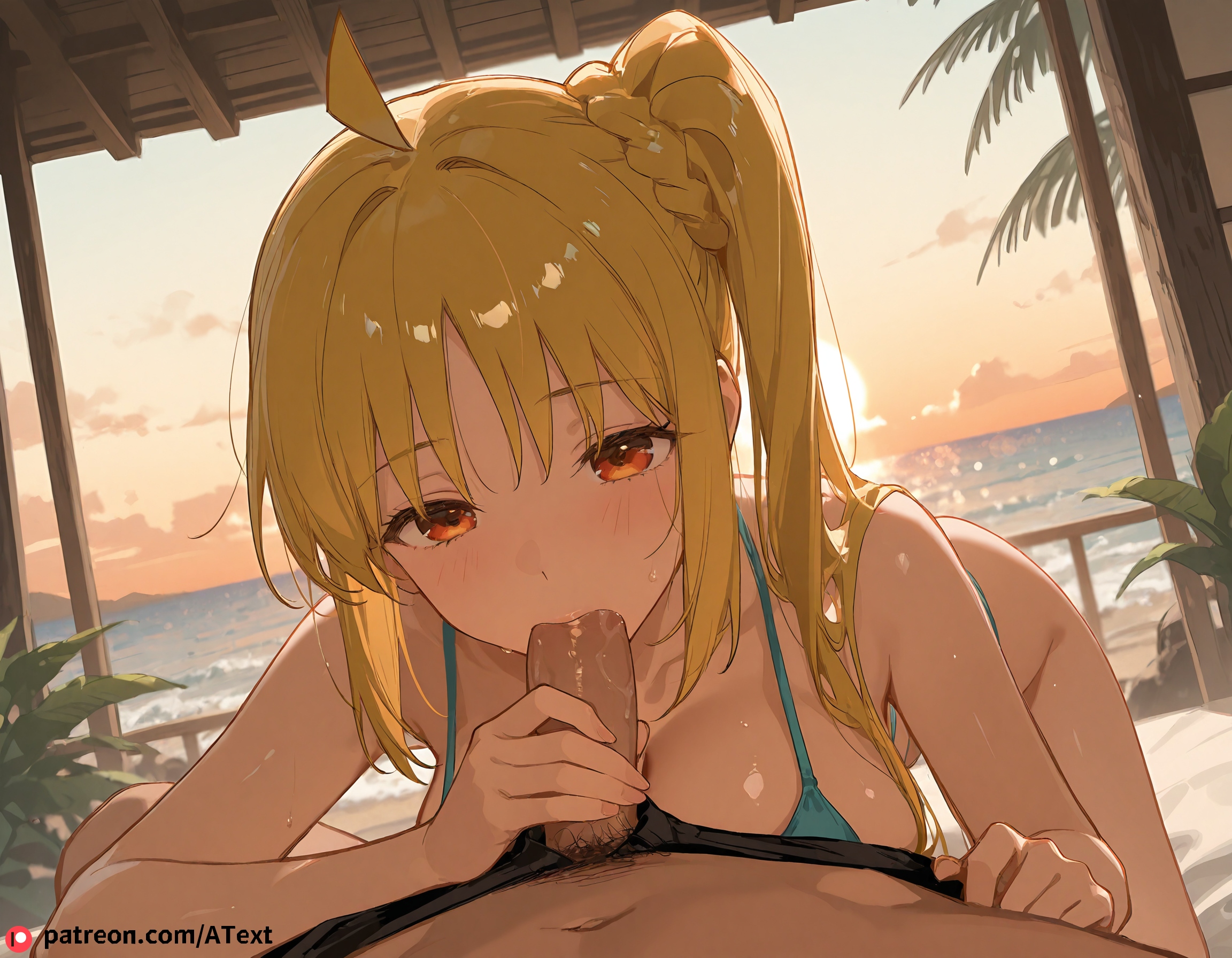1boy, ai generated, beach background, bikini, blonde hair, blush, bocchi the rock!, breasts, erection, fellatio, huge breasts, ijichi nijika, male, navel, orange eyes, penis, pov, pubic hair, saliva, uncensored