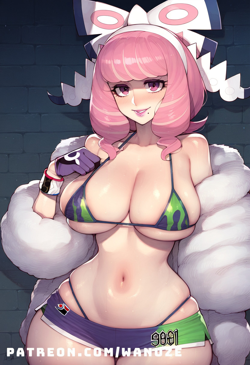 ai_generated big_ass big_breasts big_butt big_thighs bikini_top blush fur_coat gloves hair_ornament huge_ass huge_breasts huge_butt huge_thighs klara_(pokemon) pink_hair pokemon purple_eyes short_shorts shorts wanuze wide_hips