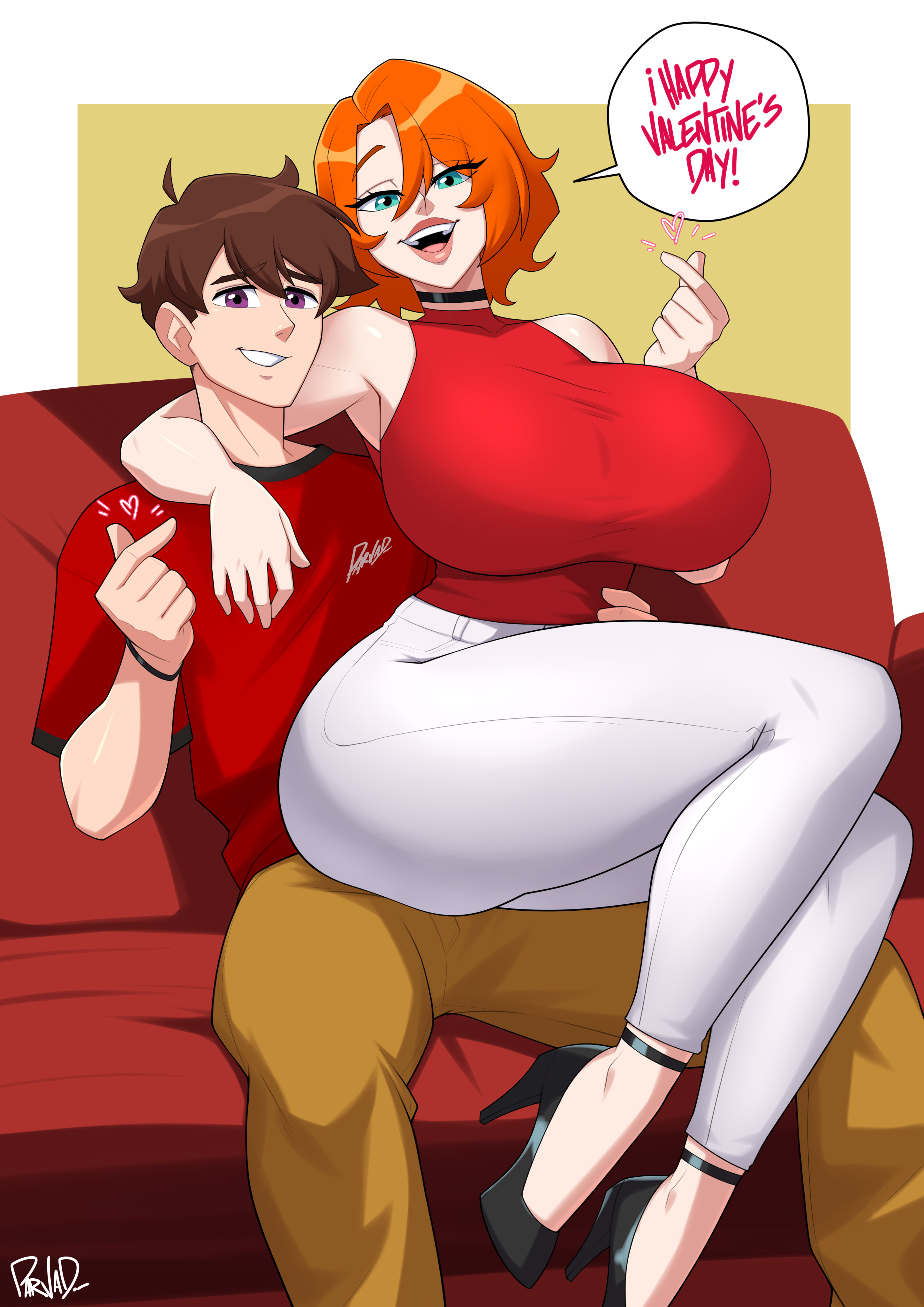 1boy, 1girls, big breasts, breasts, clothed, clothing, english text, eyelashes, female, green eyes, huge breasts, indoors, jeans, jenn (parvad), large breasts, light skin, light-skinned female, light-skinned male, male, nervous smile, open mouth, orange hair, original character, pard (parvad), parvad, sitting, sitting on lap, sitting on person, speech bubble, valentine's day