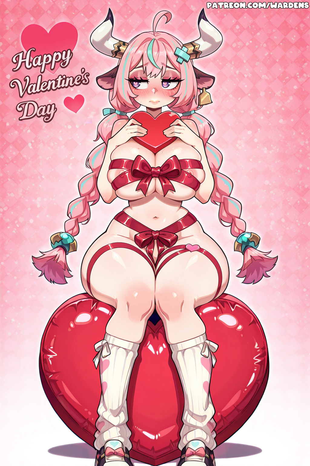 2024 ai_assisted ai_generated bondage breasts breasts breasts cowgirl edit edited edited_image genshin_impact horns hoyoverse large_breasts mihoyo pink_hair ribbon ribbon_bondage ribbons self_upload sitting stable_diffusion tagme text uncensored valentine's_day varesa_(genshin_impact) wardens watermark