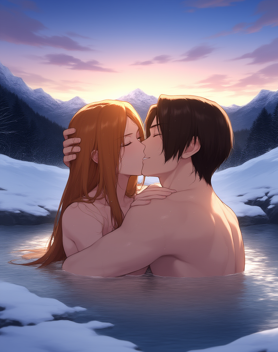 after_sex ai_assisted ai_generated bath bathing bathing_on_a_lake crossover crossover_pairing crossover_ship crossover_shipping forest golden_axe head_above_water hug hugging king_of_fighters kissing kyo_kusanagi lake mountain sega snk snow tyris_flare