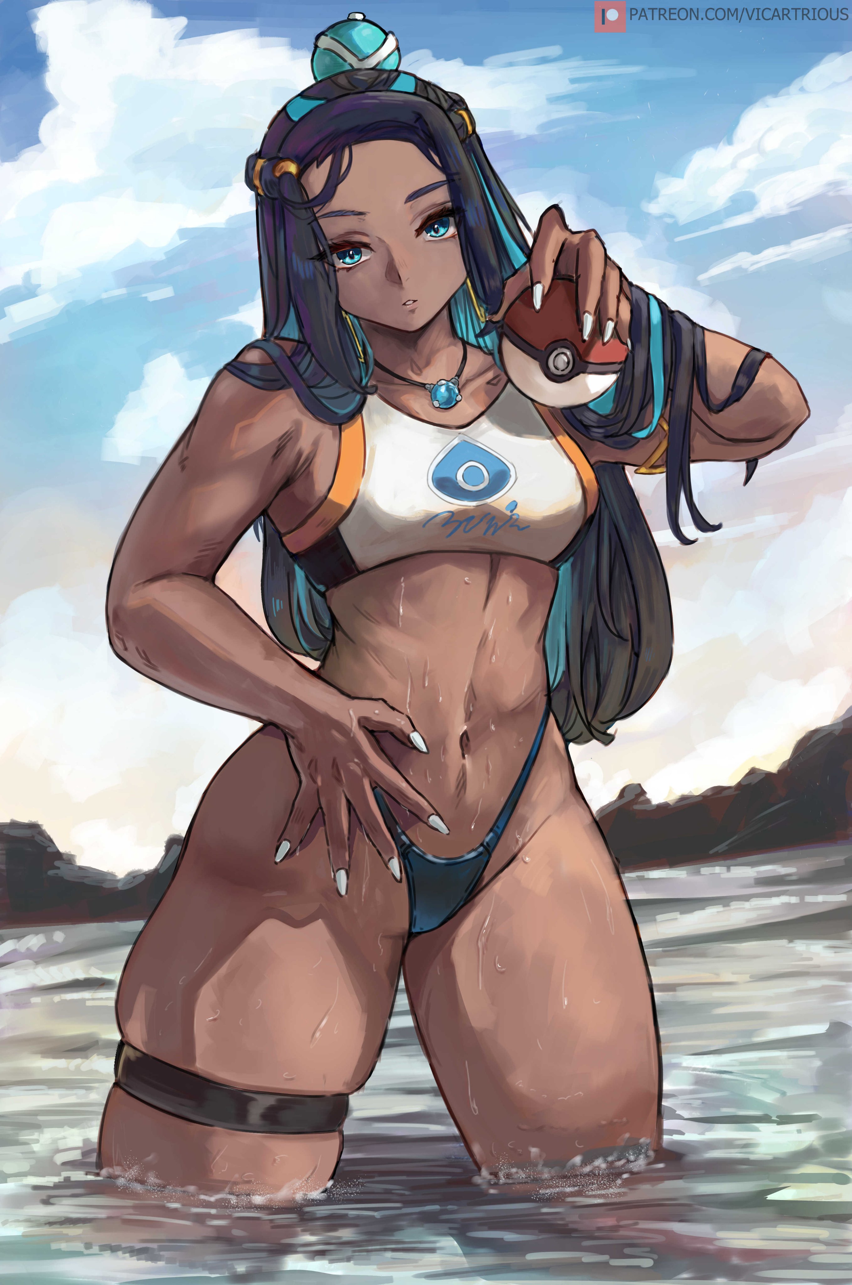 1girls, 2d, absurdres, arm behind back, armlet, artist name, bikini, black bikini, black bikini bottom, black hair, black swimsuit, black-haired female, blue eyes, blue hair, blue nails, blue-tinted eyewear, bracelet, breasts, chandelier, collarbone, color, colored, cowboy shot, curvy, dark skin, dark-skinned female, detailed background, digital media (artwork), earrings, female, game freak, gold bracelet, hair bun, highres, hoop earrings, jewelry, leaning forward, long hair, medium breasts, multicolored hair, navel, nessa (pokemon), nintendo, parted lips, pelvic curtain, plunging neckline, poke ball, pokemon, pokemon ss, pokemon swsh, round eyewear, shell hair ornament, single hair bun, solo, stomach, sunglasses, swimsuit, thighlet, thighs, two-tone hair, very long hair, vicarious, vicarious (vicillust)