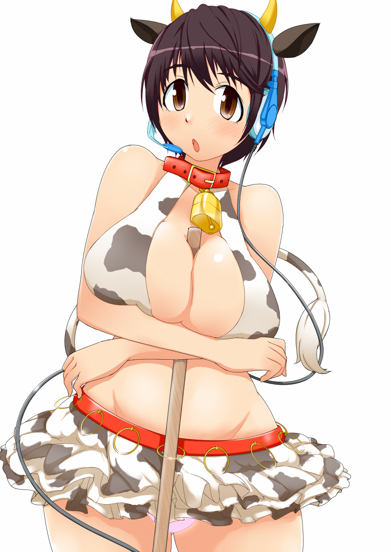 1girls 2012 between_breasts blush blush_lines blushing_at_viewer breasts brown_eyes brown_hair clothed clothing collar cow_ears cow_girl cow_horns cow_outfit cow_print_bikini cow_print_bra cow_print_skirt cowbell crossed_arms cute cute_expression gotoshi_(gtshi5104) huge_breasts idolmaster idolmaster_cinderella_girls microphone oikawa_shizuku panties pink_panties shiny_skin shizuku_oikawa stick_between_breasts white_background