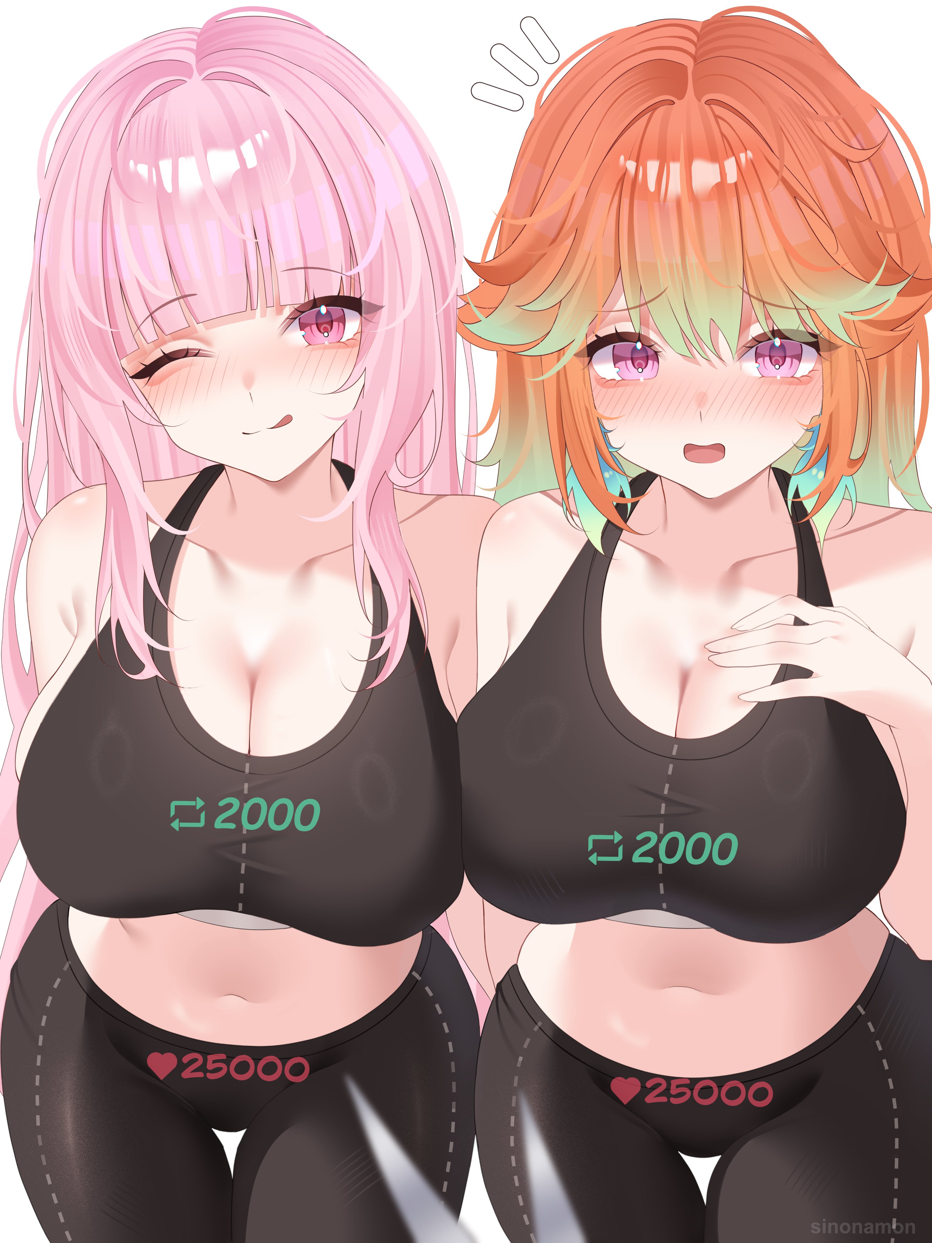 2girls, black bra, blush, bra, duo, female, female only, fully clothed, hololive, hololive english, hololive myth, licking lips, light skin, light-skinned female, mori calliope, one eye closed, open mouth, orange hair, pink eyes, pink hair, sinonamon (sinonamoni43394), sports bra, sportswear, takanashi kiara, tight clothing, virtual youtuber
