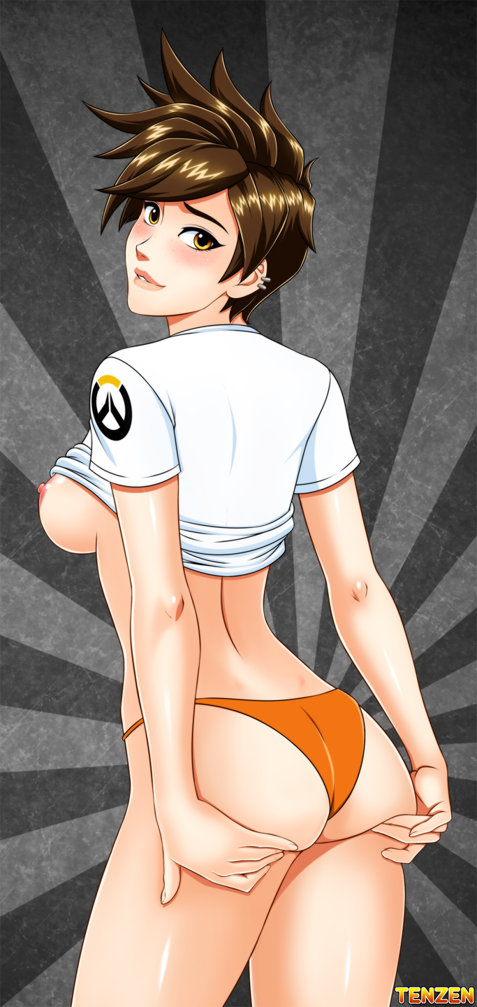 1girls, areolae, ass, breasts, female, female only, looking at viewer, looking back, nipples, overwatch, panties, pinup, solo, tenzen, tracer