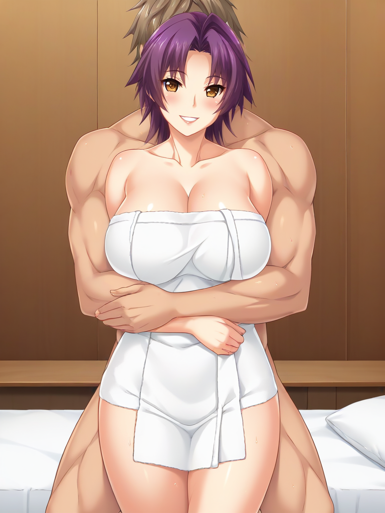 1boy 1boy1girl abs ahoge ai_generated ass azuma_marina bare_shoulders biceps big_ass big_breasts breasts brown_hair cleavage couple embrace female grin hug hug_from_behind huge_ass huge_breasts isogil kashidashi_tsuma_marina_no_"netorase"_houkoku_binkan_tsuma_to_zetsurin_daigakusei muscles muscular_male nude nude_male pecs purple_hair romantic short_hair smile thighs towel