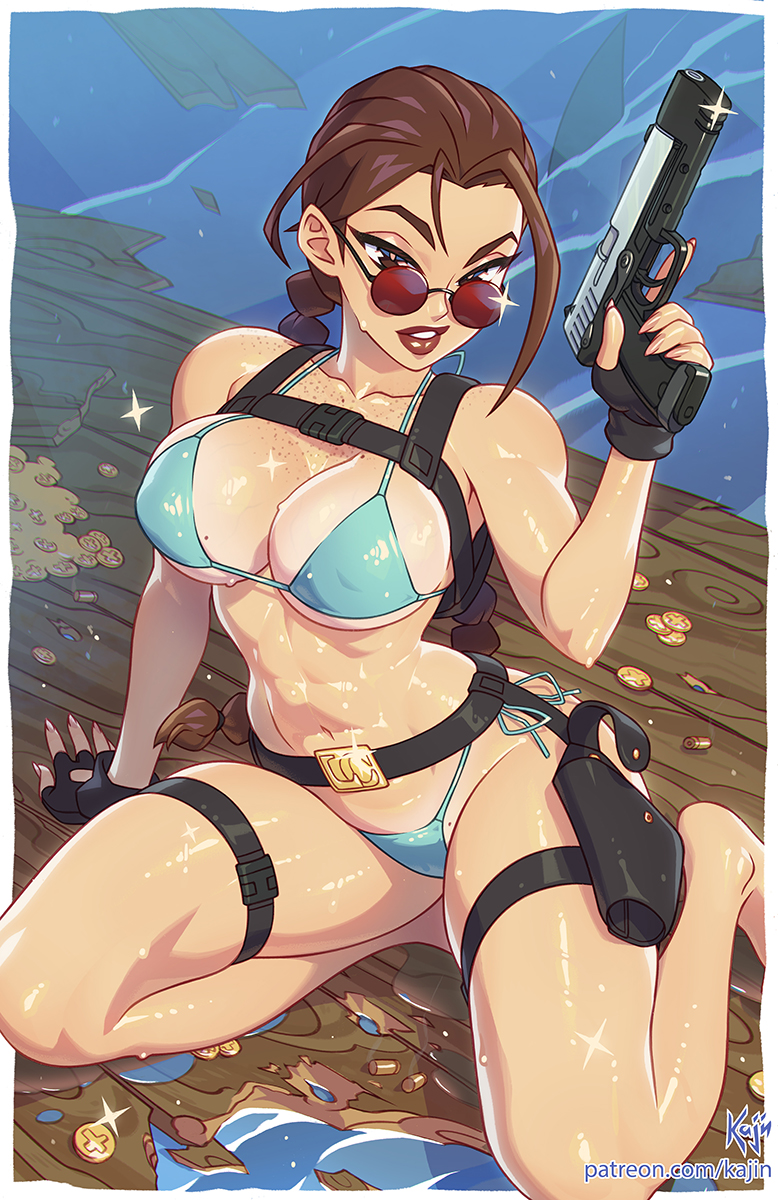 2025 big_breasts bikini brown_eyes brown_hair gun kajinman lara_croft lara_croft_(classic) lipstick looking_at_viewer pale-skinned_female pale_skin red_glasses red_lipstick six_pack tagme tomb_raider watermark