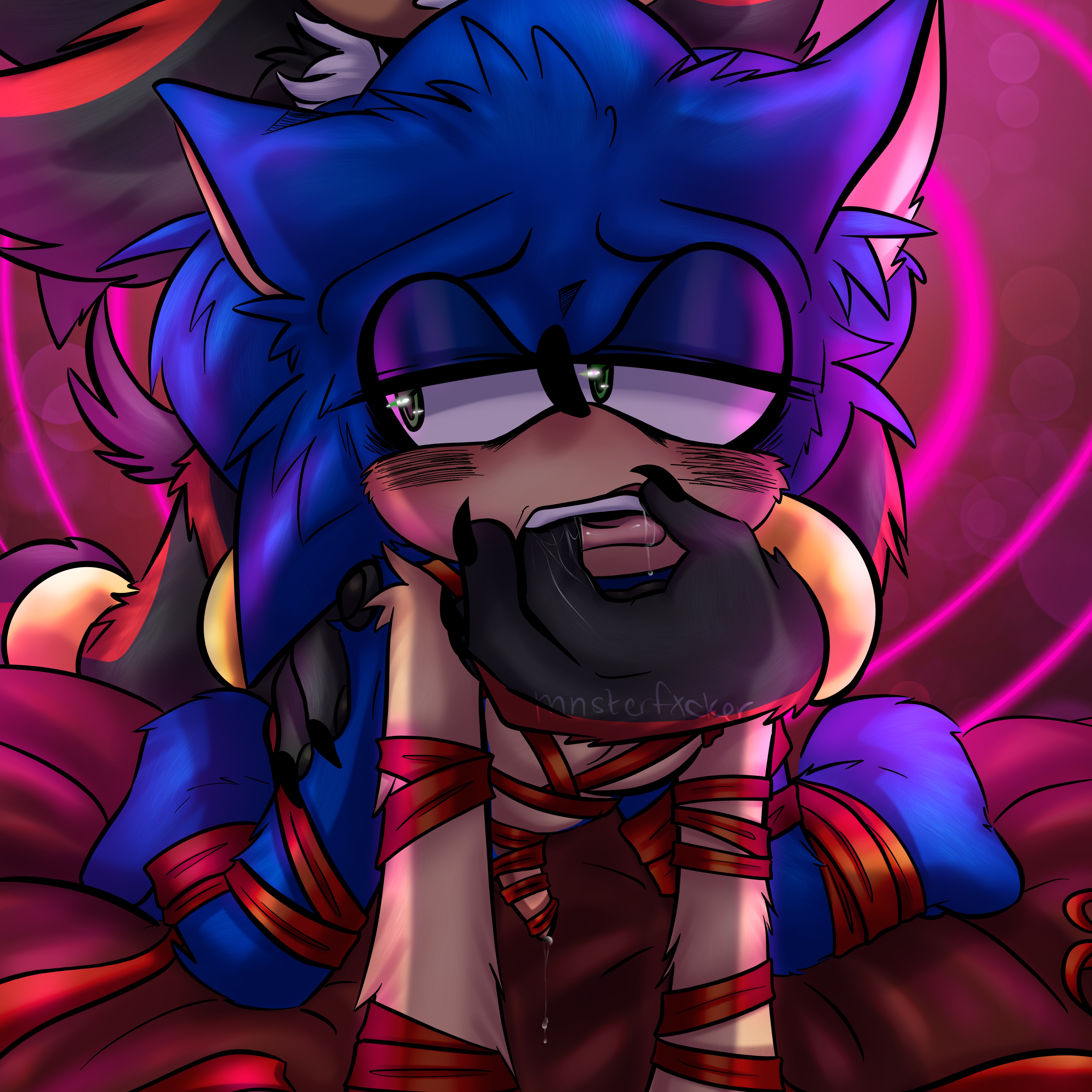 ambiguous penetration, anal, doggy style, fingers in mouth, gay, male, mnsterfxcker, penis, red ribbon, ribbon, shadow the hedgehog, small penis, sonic (series), sonic the hedgehog, sonic the hedgehog (series), tied up