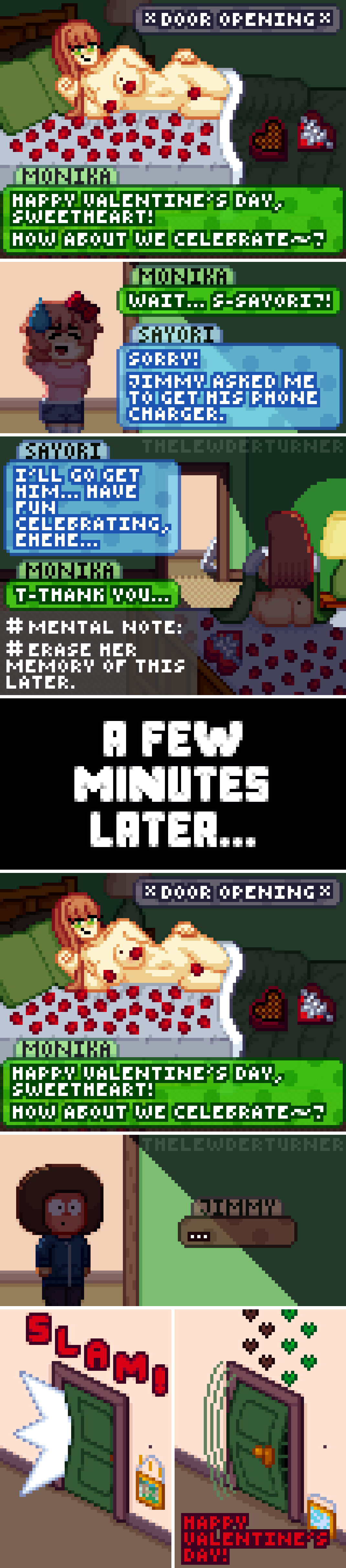 a_few_moments_later ass ass_focus bed bedroom boob_mole caught caught_naked chibi comic comic_strip cringe darkness ddlc_text_box dialogue dialogue_box doki_doki_literature_club embarrassed embarrassed_naked_female embarrassed_nude_female enf english english_text female green_eyes hi_res highres imminent_sex lamp_light light long_hair mole_on_ass mole_on_breast monika_(doki_doki_literature_club) naked nude pixel_art posing rose_petals sayori_(doki_doki_literature_club) self_insert text text_box thelewderturner timeskip valentine's_day