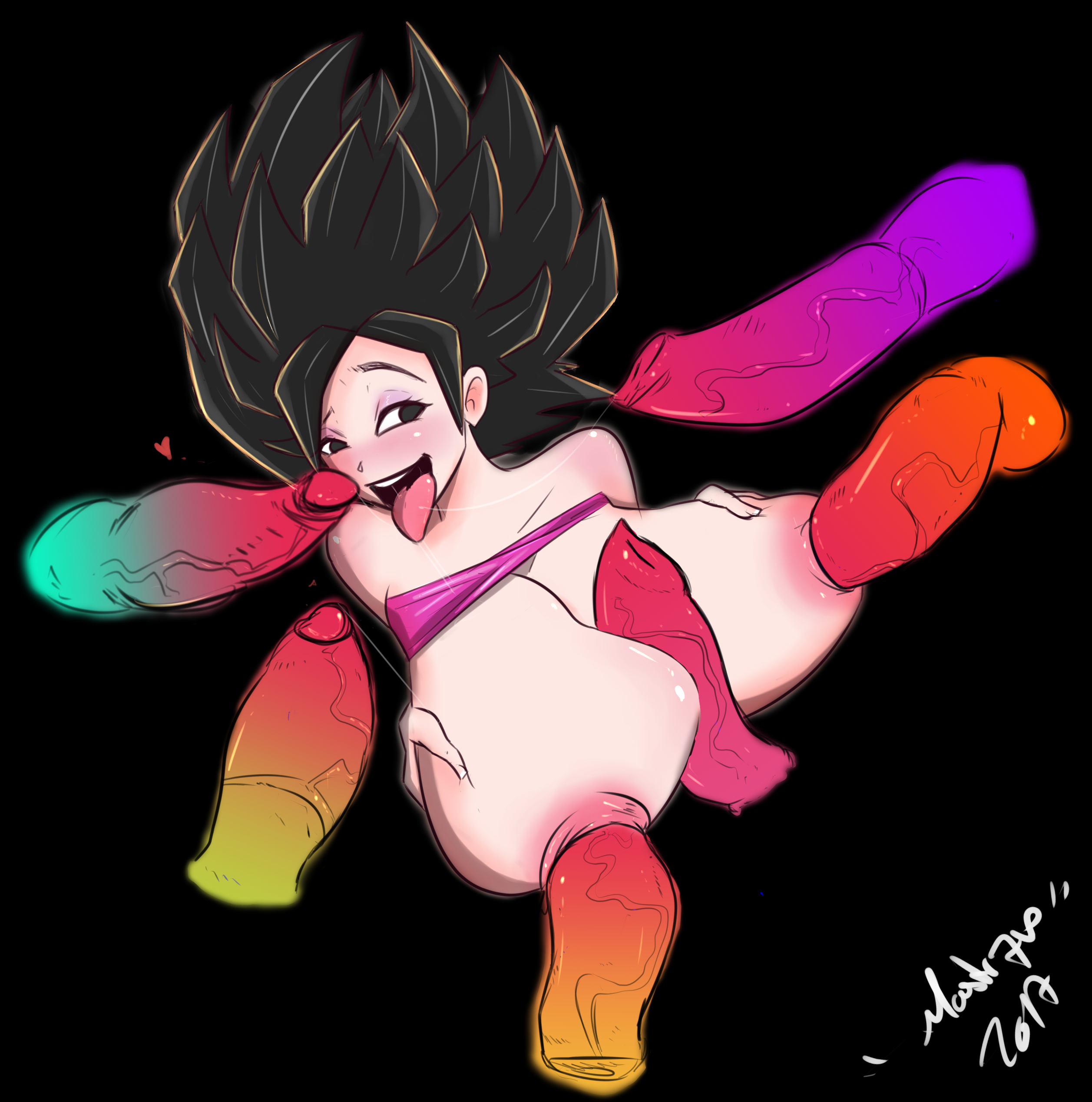 6boys, black eyes, black hair, blush, breasts, caulifla, dragon ball, dragon ball super, female, huge breasts, light skin, light-skinned female, long hair, male, mastr7up, nipple penetration, open mouth, paizuri, penis, saiyan, spiky hair, tongue, tongue out, uncensored
