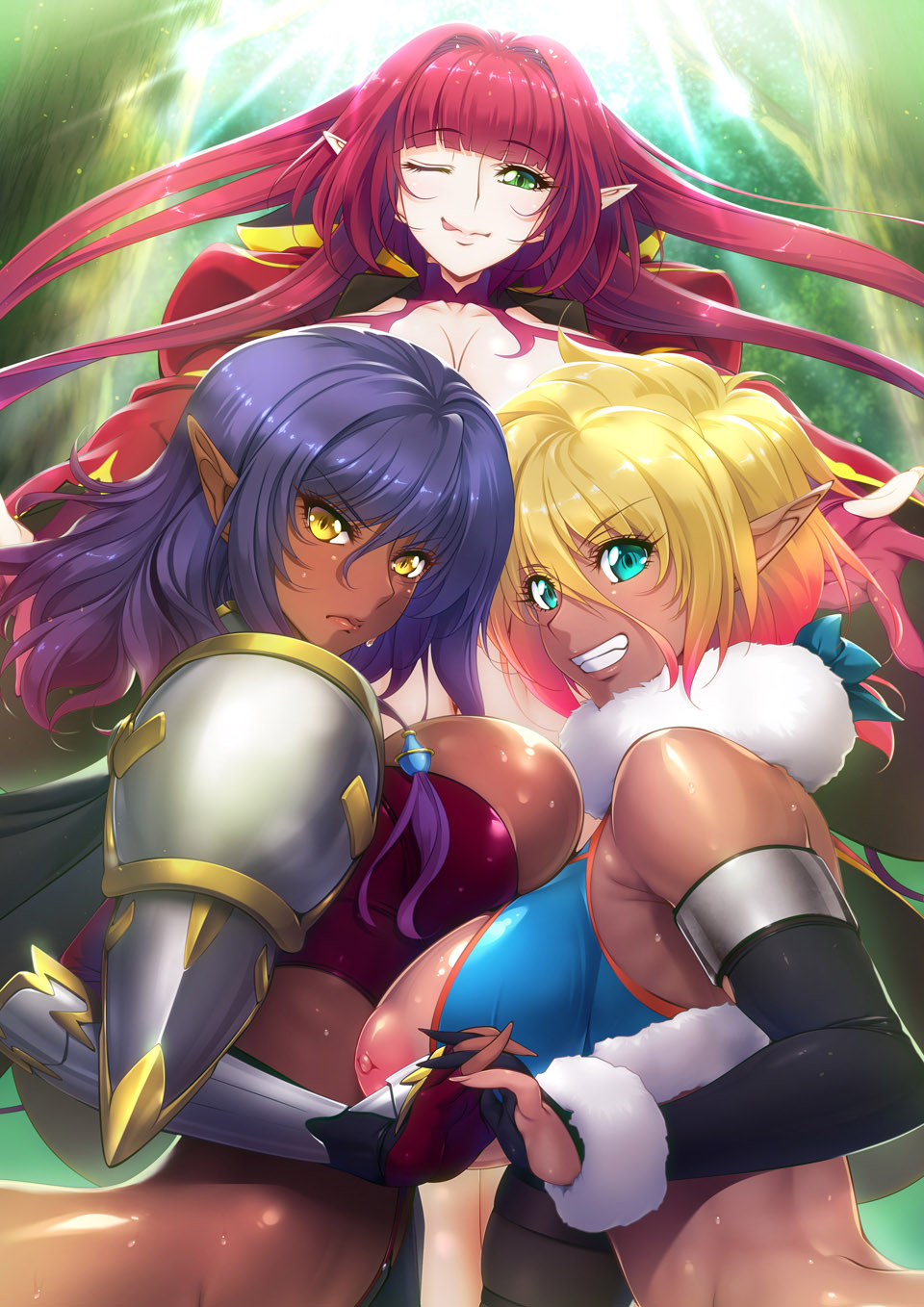 3girls aoi_nagisa_(metalder) aqua_eyes armor beautiful_females bikini_armor blonde_hair breast_press breasts breasts_out cleavage cleavage_cutout clothing_cutout covered_erect_nipples curvy dark-skinned_female dark_skin delva_celebrian elda_ballad elf fur_trim gloves gradient_hair green_eyes hair_over_one_eye hand_on_hilt highres huge_breasts knoll large_breasts long_hair looking_at_viewer multicolored_hair multiple_girls navel nipples official_art one_eye_closed parted_lips pointy_ears puffy_nipples purple_hair red_hair revealing_clothes short_hair slingshot_swimsuit smile sweat swimsuit thighhighs wink yellow_eyes youkoso!_sukebe_elf_no_mori_e