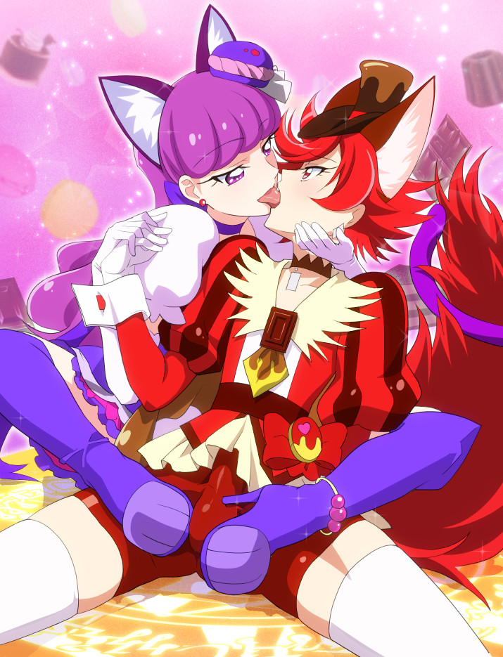 1futa 1girls animal_ears bangs bike_shorts boots cat_ears cat_tail clothing cure_chocolat cure_macaron elbow_gloves erection food_themed_hair_ornament footjob footjob_over_clothes french_kiss futanari gloves hair_ornament interlocked_fingers intersex kenjou_akira kirakira_precure_a_la_mode kissing kotozume_yukari macaron_hair_ornament magical_girl multiple_girls mushiro_(nijie728995) precure pretty_cure profile purple_hair red_hair shoejob shorts stockings tail thigh_boots thighhighs