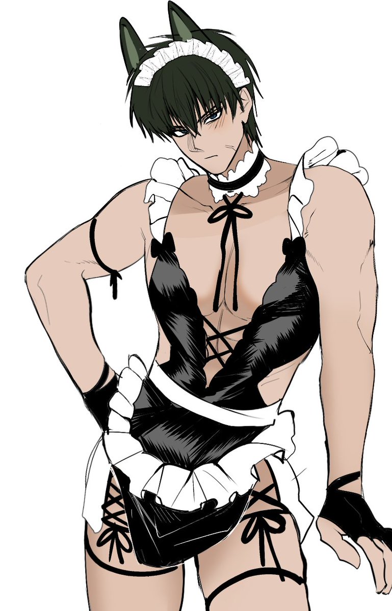 alternate_costume black_hair blush cat_ears catboy choker crossdressing embarrassed gintama hand_on_hip hijikata_toshiro la9323996313102 lingerie looking_at_viewer maid maid_headdress maid_outfit male male_only manly_crossdresser muscular muscular_male solo