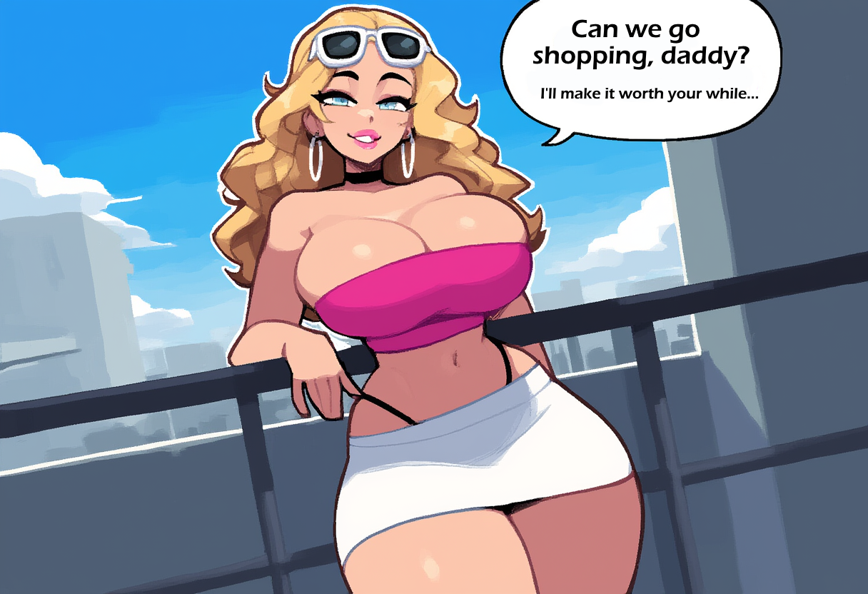 1girls, ai generated, blonde, blonde hair, breasts, busty, choker, cleavage, female, greedy, highleg, hoop earrings, hourglass figure, large breasts, light blue eyes, long hair, looking at viewer, midriff, miniskirt, navel, novelai, pink lipstick, solo female, speech bubble, spoiled, sunglasses, sunglasses on head, text, thick thighs, thong above skirt, tube top, wavy hair