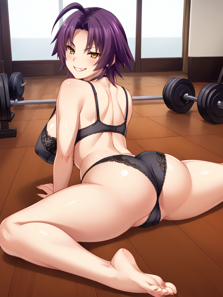 ahoge ai_generated ass azuma_marina bare_shoulders big_ass big_breasts black_bra black_panties black_underwear breasts cleavage female gym huge_ass huge_breasts isogil kashidashi_tsuma_marina_no_"netorase"_houkoku_binkan_tsuma_to_zetsurin_daigakusei purple_hair seductive seductive_eyes seductive_look seductive_smile sexy_pose shiny_skin short_hair smile splits stretching thick_thighs thighs