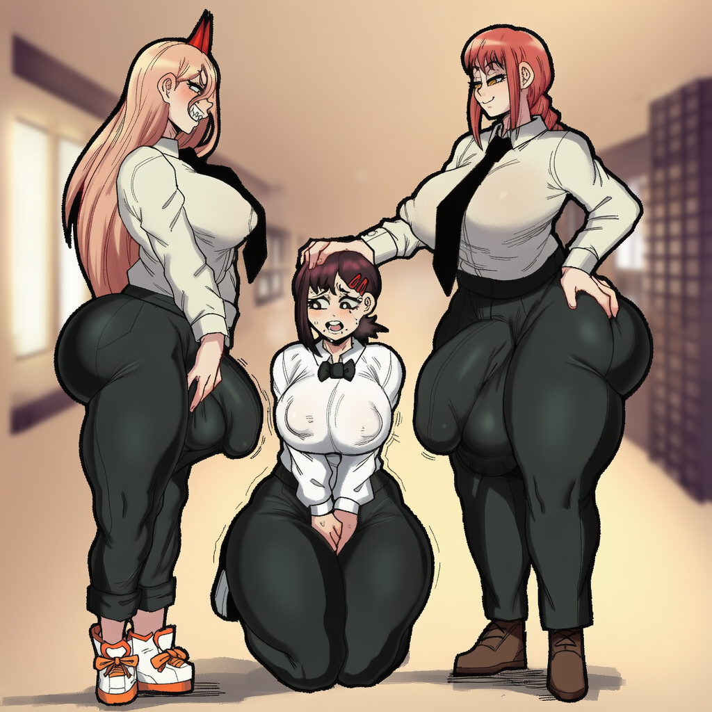 1girls, 2futas, ai generated, artist request, balls, big ass, big balls, big breasts, big butt, big penis, breasts, bulge, bulge through clothing, bulge under clothes, chainsaw man, cock, dick, dickgirl, female, futa with female, futanari, higashiyama kobeni, horns, huge ass, huge breasts, huge cock, imminent sex, intersex, kobeni higashiyama, large ass, large breasts, large penis, light-skinned futa, makima (chainsaw man), massive breasts, multiple futa, multiple penises, nervous, nipple bulge, nipples, penis, power (chainsaw man), shaking, sharp teeth, wobblyjelly (artist)