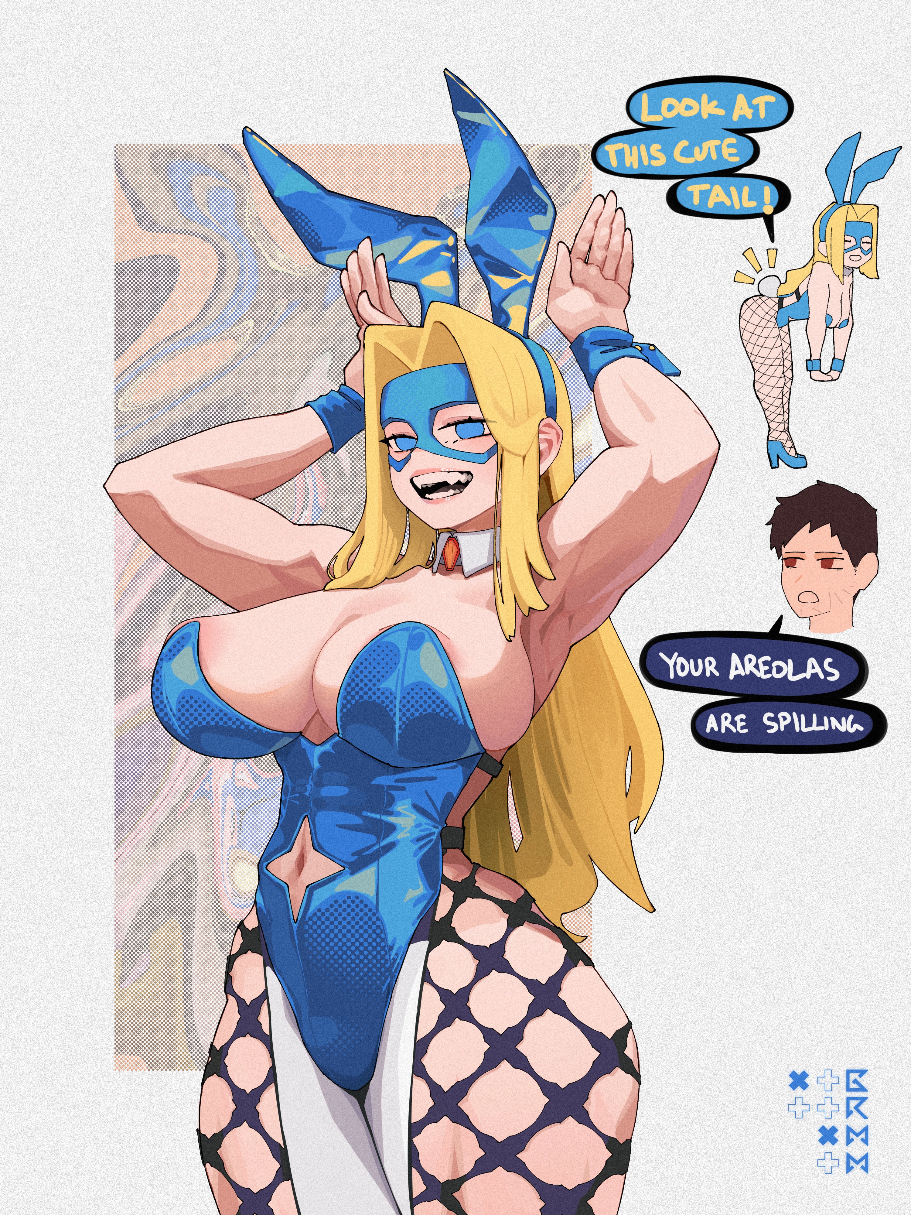 1boy, 1girls, absurdres, alternate costume, animal ear hairband, animal ears, areola slip, armpits, arms up, artist logo, backless leotard, bent over, blonde blazer, blue hairband, blue leotard, blue mask, blue shoes, blue wrist cuffs, border, breasts, brown eyes, closed eyes, clothing cutout, collarbone, cowboy shot, detached collar, detached sleeves, disembodied head, dispatch (game), doodle inset, english text, eye mask, fake animal ears, fangs, female, fishnet pantyhose, fishnets, full body, grmm, groin, hair intakes, hairband, halftone, halftone background, high heels, highres, large breasts, leotard, lips, logo, long hair, mask, multiple views, muscular, muscular female, navel, no pupils, open mouth, outside border, pantyhose, playboy bunny, rabbit ear hairband, rabbit ears, rabbit pose, rabbit tail, robert robertson, screentones, shoes, short hair, smile, speech bubble, standing, star cutout, thighs, upper body, white border, wrist cuffs
