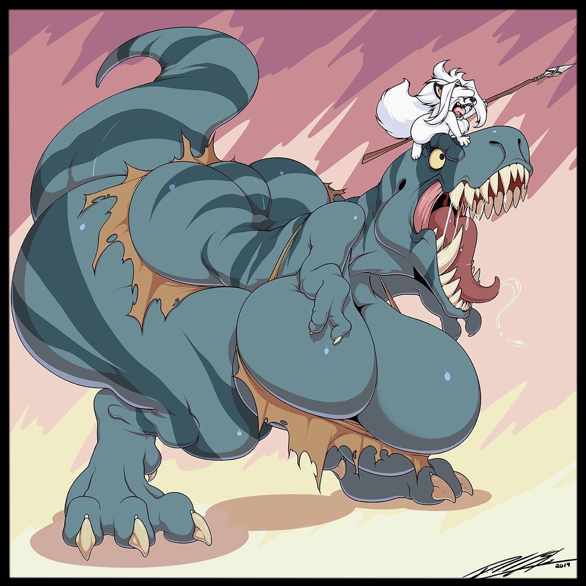 2019, anthro, ass, big breasts, big butt, bodily fluids, bottomwear, breasts, busty feral, canid, canine, canis, clothing, deon (deonwolf), deonwolf, digital media (artwork), dinosaur, duo, fang (primal), female, fur, gynomorph, hair, hi res, huge breasts, huge butt, intersex, larger male, male, mammal, melee weapon, non-mammal breasts, open mouth, polearm, prehistoric species, primal (series), reptile, saliva, saurischian, scalie, size difference, smaller male, spear, teeth, theropod, thick thighs, tongue, topwear, tyrannosaurid, tyrannosauroid, tyrannosaurus, tyrannosaurus rex, weapon, white body, white fur, white hair, wolf