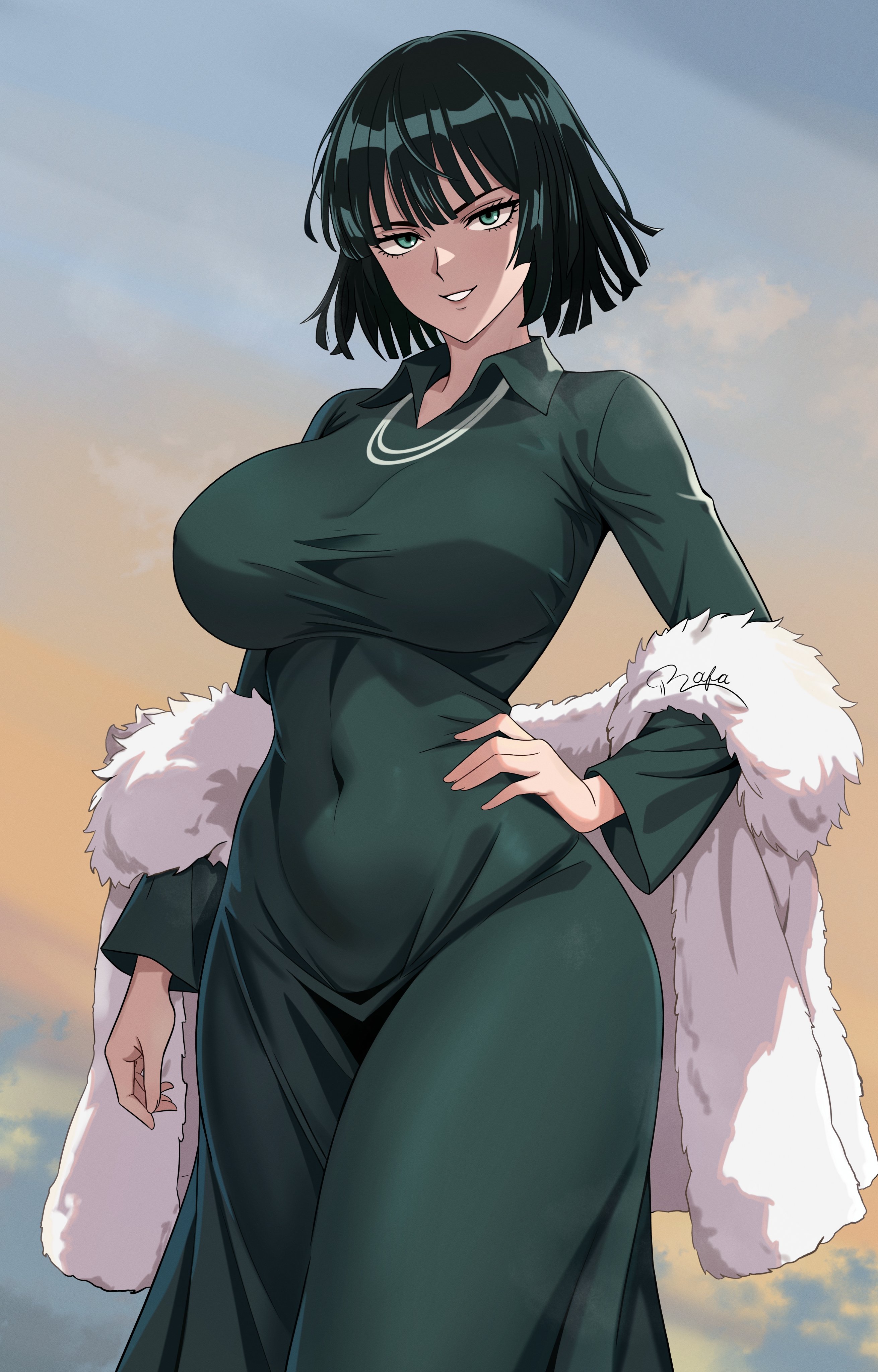 1girls, 2026, 2d, 2d (artwork), absurdres, arm at side, clothed, clothed female, collared dress, commentary, dress, english commentary, female, female only, fit female, fubuki (one-punch man), fur jacket, green dress, green eyes, green hair, grin, hand on own hip, highres, hourglass figure, human, human female, jacket, jewelry, large breasts, long sleeves, looking at viewer, mature female, navel, necklace, off shoulder, one-punch man, sfw, short hair, slim waist, smile, solo, solo female, standing, string rafart, thick thighs, white jacket, wide hips