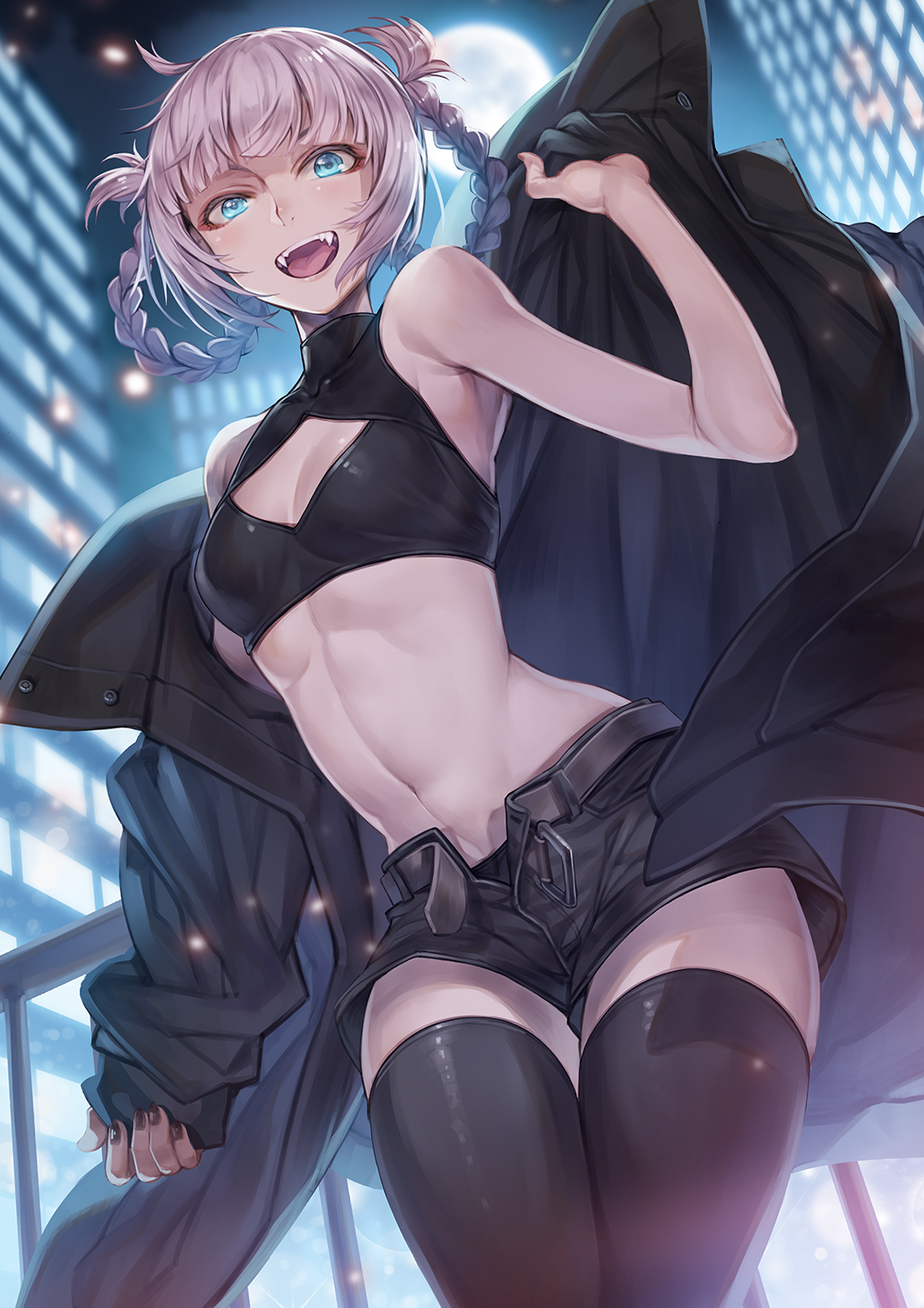 1girls, belt, black cloak, black shorts, black tank top, black thighhighs, blue eyes, breasts, building, cleavage cutout, cloak, clothing cutout, crop top, female, female only, from below, hagure keg, hair rings, highres, long sleeves, midriff, moon, nail polish, nanakusa nazuna, nanakusa nazuna (yofukashi no uta), navel, night, oerba yun fang, pink hair, short shorts, shorts, sky, sleeves past wrists, small breasts, stomach, tank top, thighhighs, thighs, vampire, yofukashi no uta