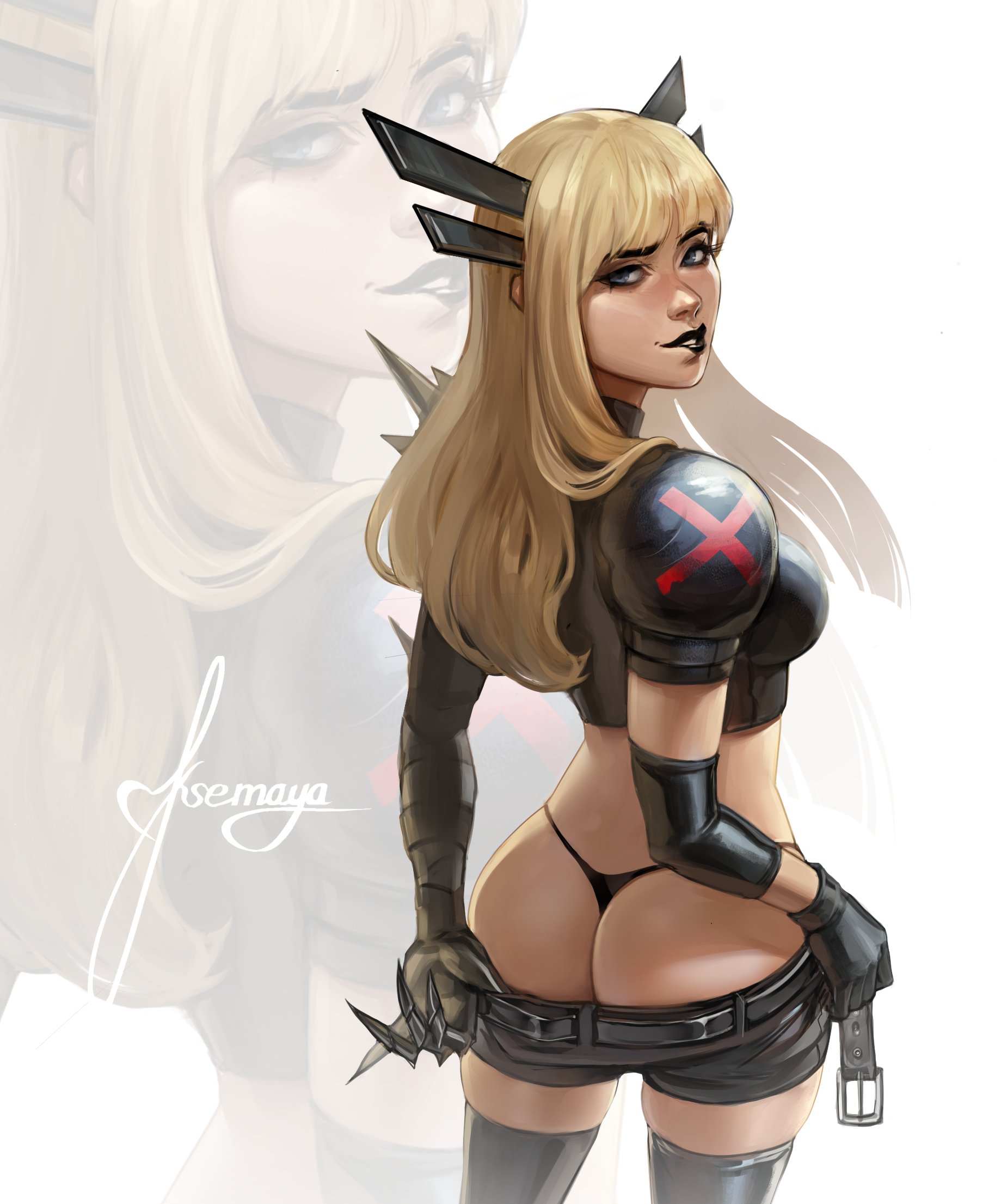 1girls, armor, ass, belt, black belt, black g-string, black gloves, black panties, black thong, blonde hair, blue eyes, boots, breasts, bubble ass, bubble butt, cheeks, elbow pads, embarrassed, embarrassed nude female, exposed ass, female, female only, funny, g-string, g-string exposed, gloves, ksemaya, ksemaya , latex, leather, long hair, looking at viewer, looking back, magik (illyana rasputin), marvel, marvel comics, mooning, panties, plump ass, shorts, sideboob, solo, spikes, strap, taking clothes off, thighhighs, thong, thong panties, thong underwear, underwear, undressing, x-men
