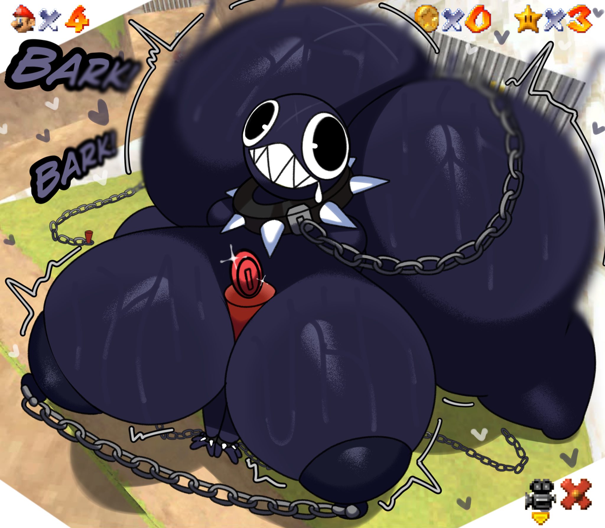 1girls, 2026, alexdraws, anthro, areola, ass, ass up, barking, big breasts, big butt, black areola, black body, black collar, black eyes, black nipples, bodily fluids, breasts, chain chomp, chained collar, chains, collar, colored, cuff (restraint), detailed, digital drawing (artwork), digital media (artwork), drooling, exclamation point, female, female anthro, gameplay mechanics, gigi (thecoatl034), grass, heart symbol, hi res, high-angle view, huge breasts, huge butt, humanoid, hyper, hyper breasts, hyper butt, looking at viewer, mario (series), mature anthro, mature female, motion lines, nintendo, nipple piercing, nipples, outside, piercing, plant, pose, red coin, restraints, saliva, shaded, sharp teeth, signature, smile, solo, spiked collar, spikes, star (mario bros), super mario 64, super mario 64 ds, sweat, talking to viewer, teeth, thick thighs, three-quarter view, twerking