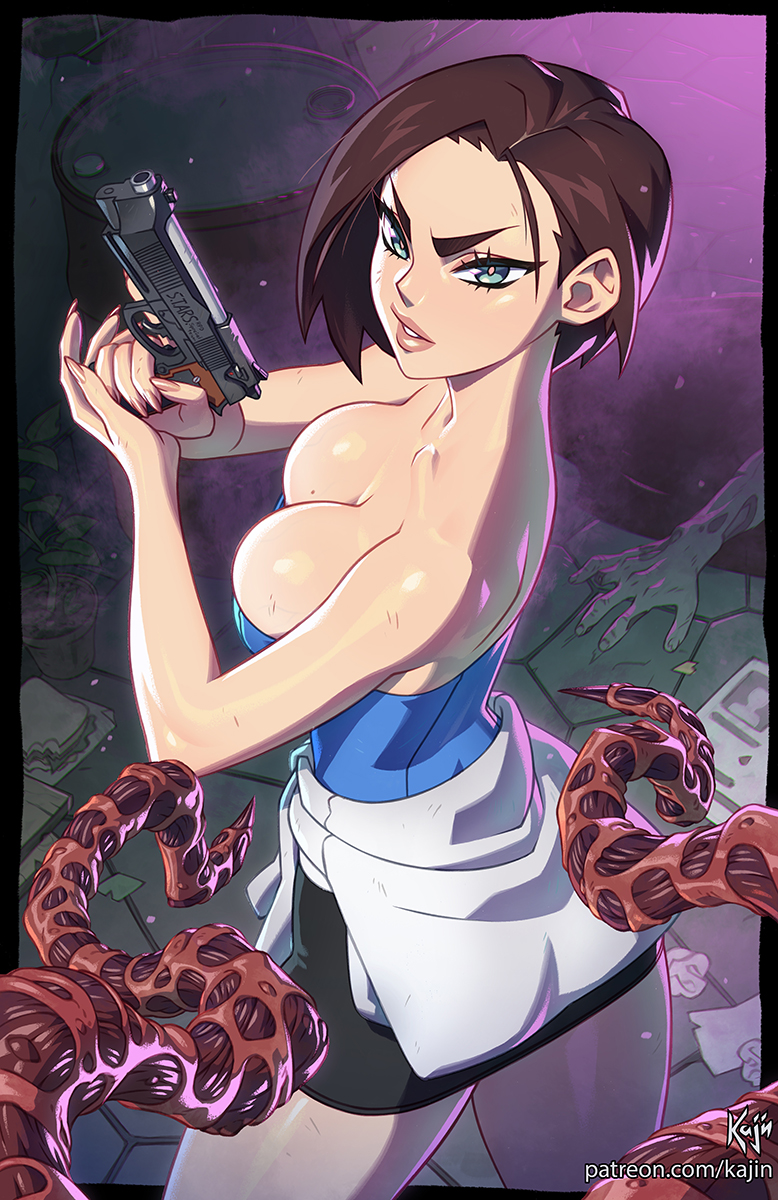 blue eyes, brown hair, cleavage, jill valentine, jill valentine (julia voth), kajinman, nemesis (resident evil), resident evil, resident evil 3, skirt, tubetop