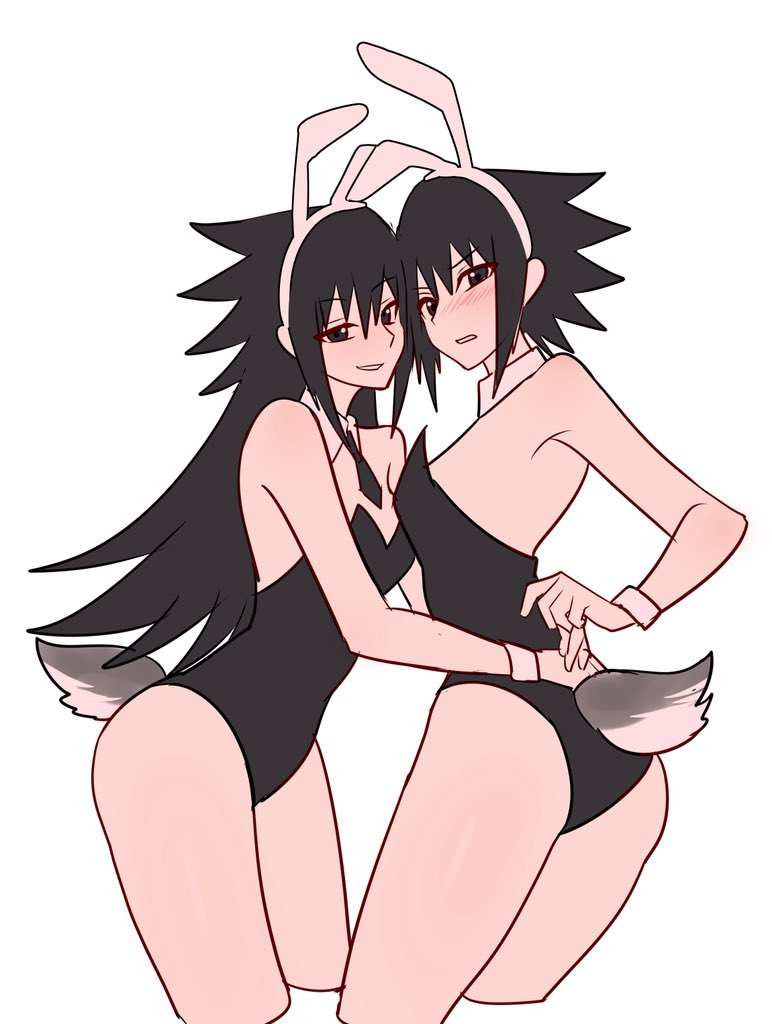 2girls, ass, bare legs, bare thighs, black dress, black eyes, black hair, black tie, blush, bunny costume, bunny ears, bunny girl, bunny tail, bunnysuit, butt, cleavage, collar, cuddle, cuddling, dress, embrace, embracing, embracing another, eyeshadow, fake animal ears, fake tail, female, female focus, female only, female/female, flat chest, flat chested, gender transformation, genderswap, genderswap (mtf), hairband, hi res, high resolution, highres, kooiko, lesbian, lesbians, light skin, light-skinned female, long hair, makeup, messy hair, narrowed eyes, naruto, naruto (series), naruto shippuden, no bra, nose blush, pale skin, pale-skinned female, parted lips, petite, petite body, petite breasts, petite female, pinup, rule 63, sasuke uchiha, sasuko, shonen jump, short dress, short hair, shounen jump, shueisha, skimpy, skimpy clothes, skimpy dress, small breasts, smile, smiling, spiky hair, tease, teasing, teen, teen girl, teenage female, teenage girl, teenager, uchiha obito, uchiha sasuke, very high resolution, wavy hair, weekly shonen jump, weekly shounen jump, white background, white collar, wrist cuffs, yuri