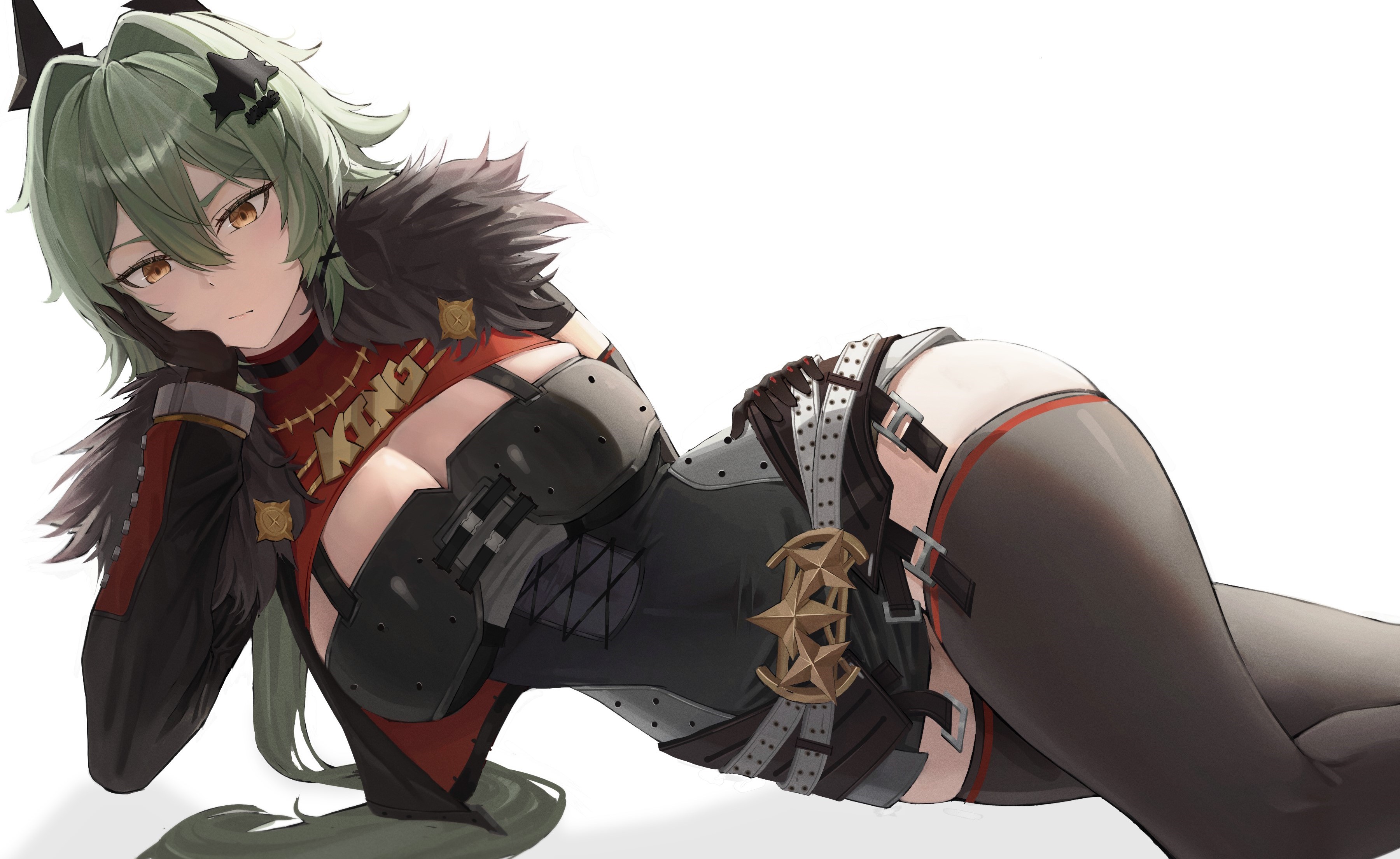 1girls, absurdres, black gloves, black thighhighs, breasts, caesar king, chco, closed mouth, expressionless, female, female only, fur trim, gloves, green hair, hair between eyes, hand on own cheek, hand on own face, highres, large breasts, long hair, looking at viewer, lying, on side, sidelocks, simple background, solo, thighhighs, thighs, white background, yellow eyes, zenless zone zero