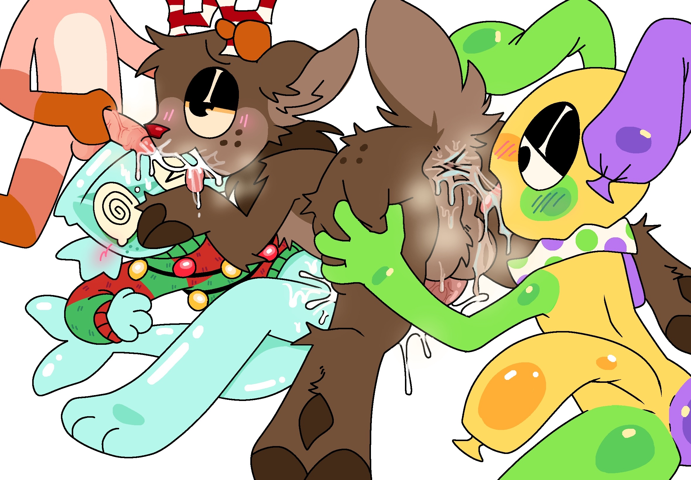 dandy's world, finn (dandy's world), foursome, gay sex, looey (dandy's world), rimjob, rimming, rudie (dandy's world), shrimpo (dandy's world), silentmime, tacky sweater finn